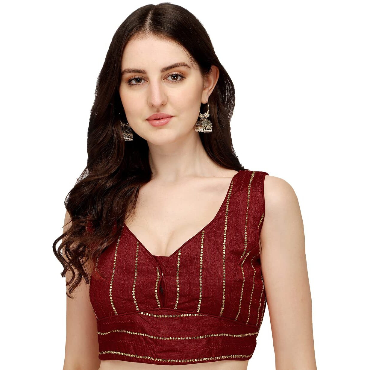 Pujia Mills Women's Silk Sequin Work Blouse (Batik Sequin Blouse_Maroon_38)
