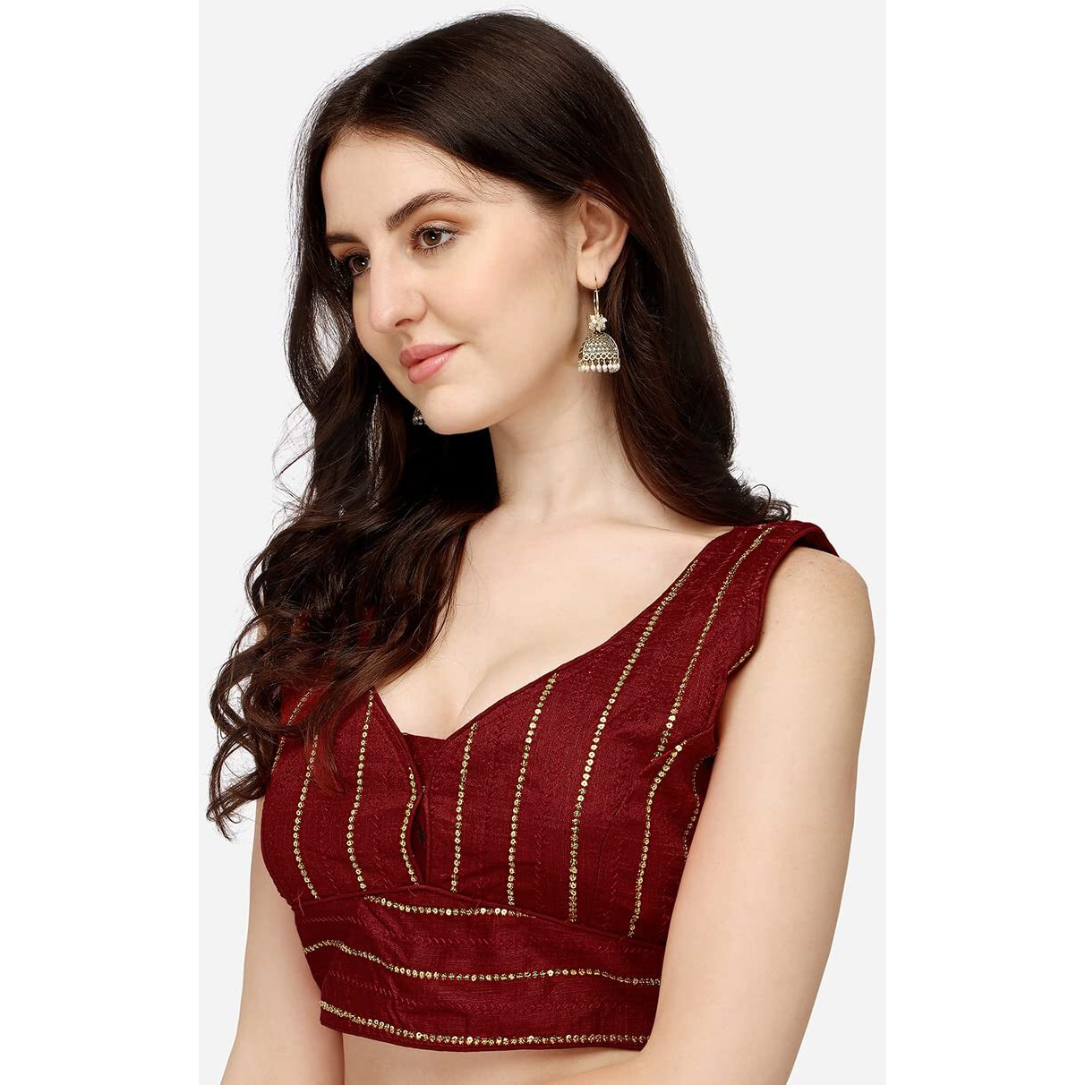 Pujia Mills Women's Silk Sequin Work Blouse (Batik Sequin Blouse_Maroon_38)