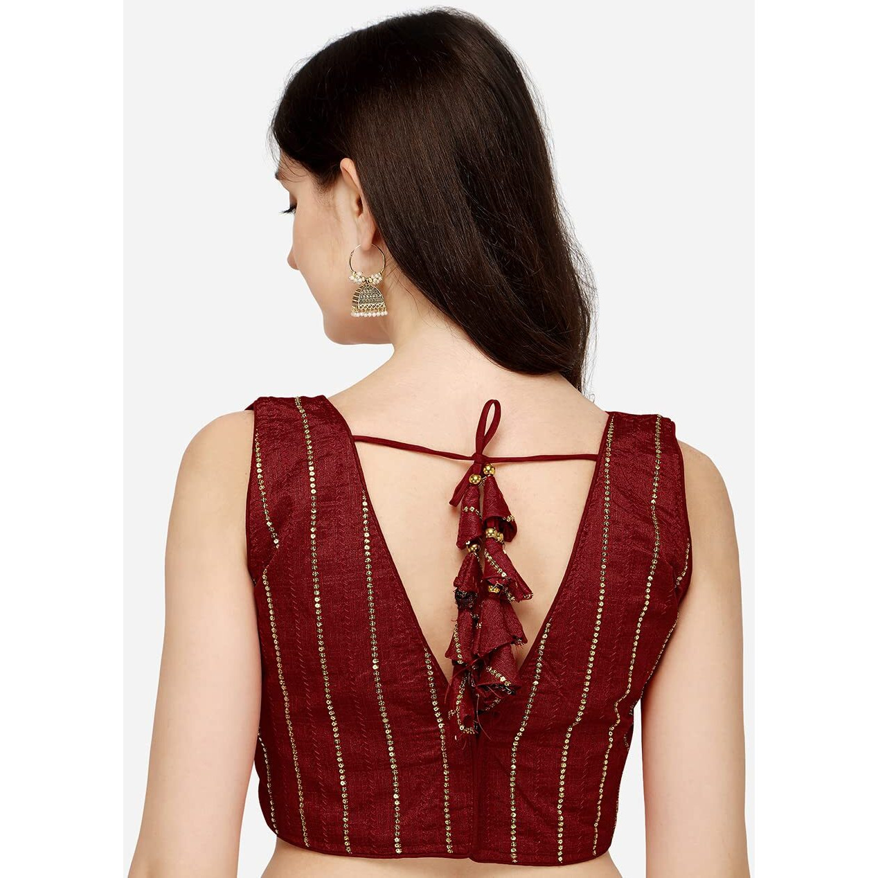 Pujia Mills Women's Silk Sequin Work Blouse (Batik Sequin Blouse_Maroon_38)
