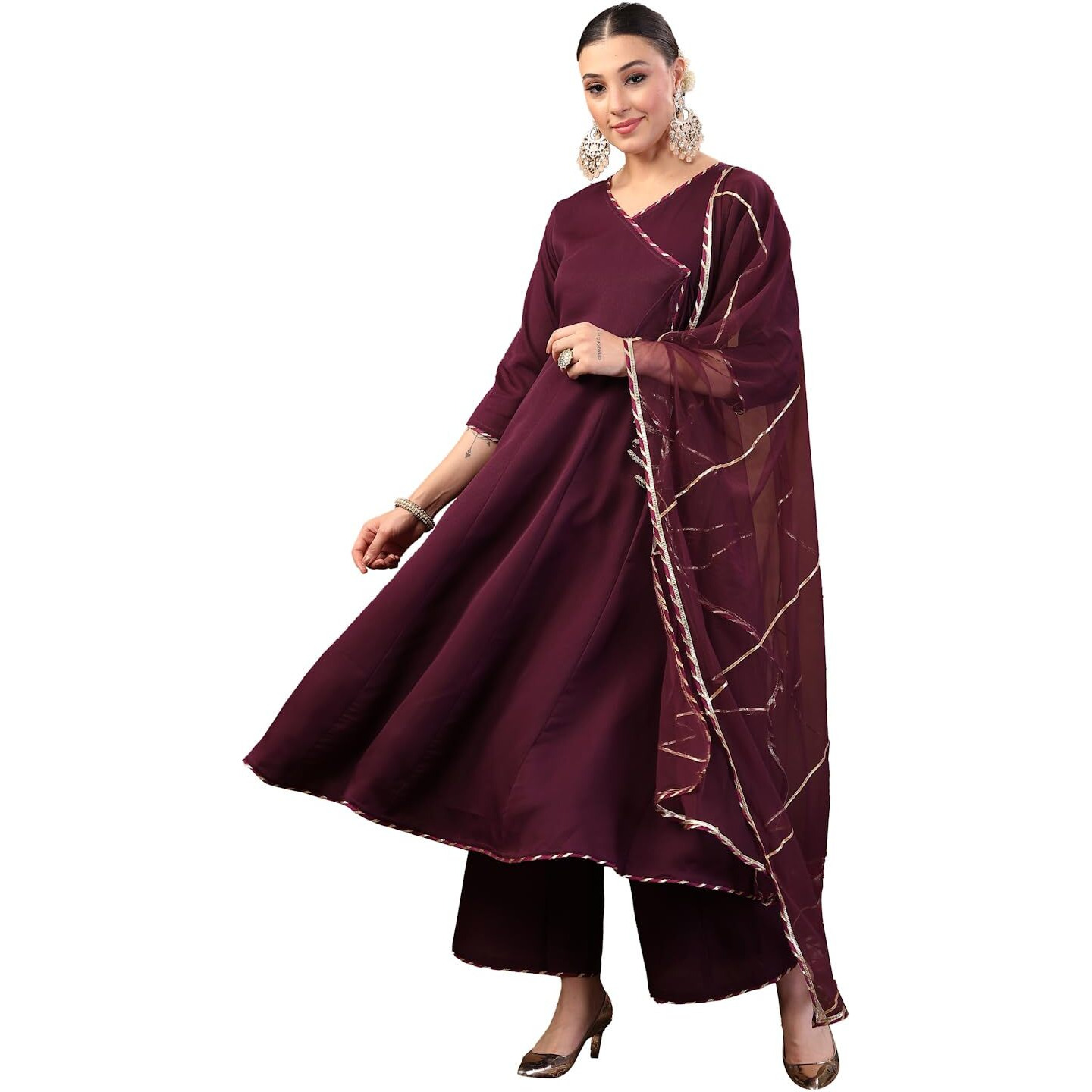 Stylum Women's Wine Solid Italian Crush Anarkali Kurta Pant Dupatta Set