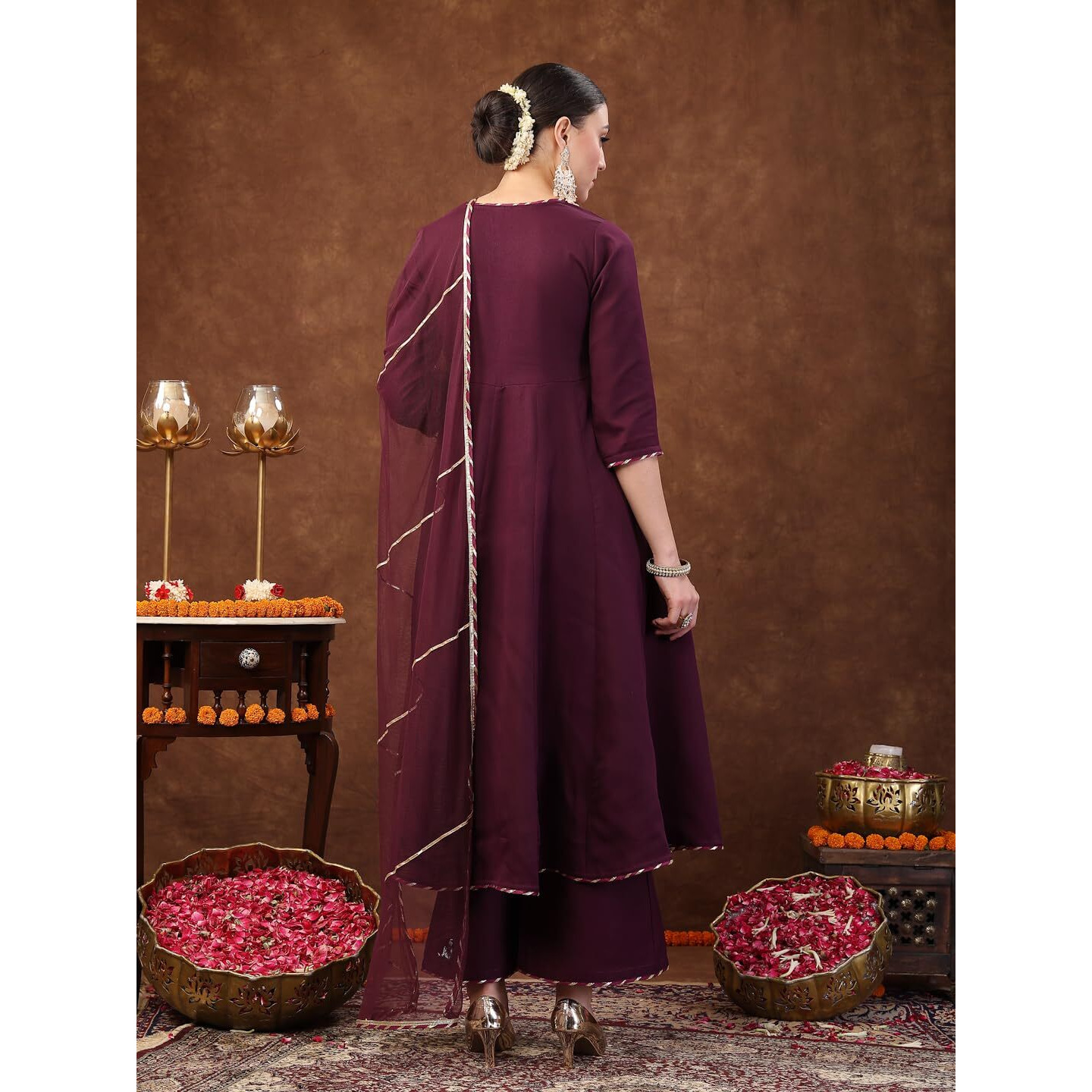 Stylum Women's Wine Solid Italian Crush Anarkali Kurta Pant Dupatta Set