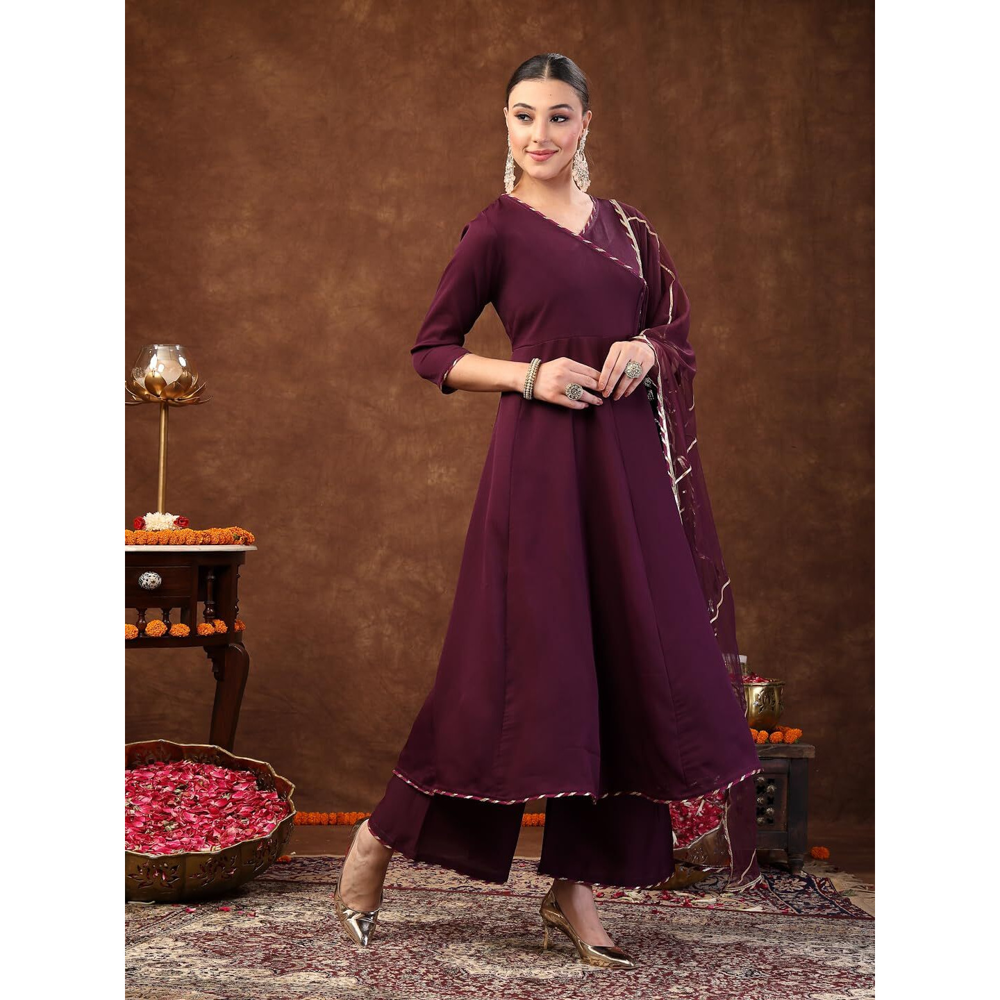 Stylum Women's Wine Solid Italian Crush Anarkali Kurta Pant Dupatta Set