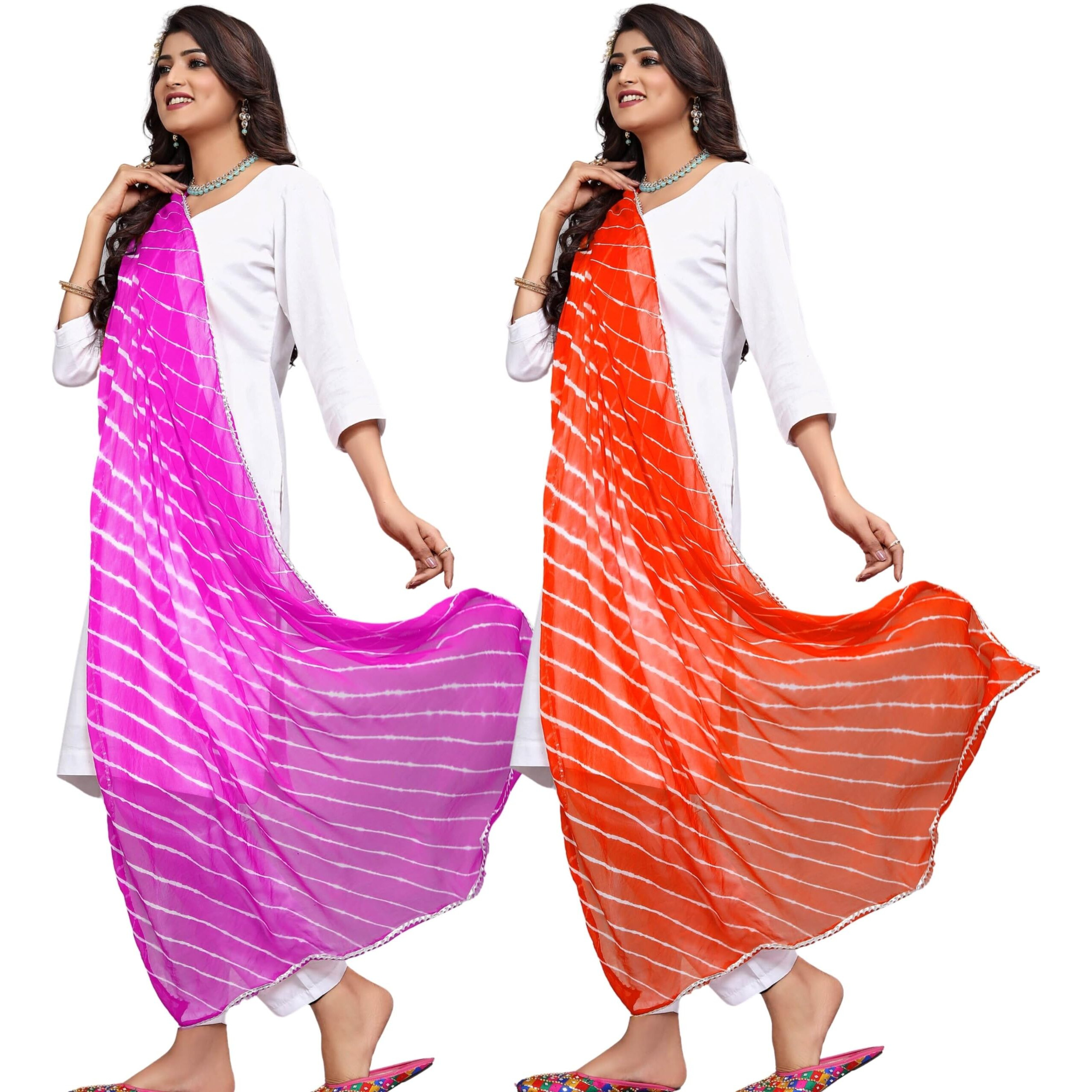 KEMZA Women's Chiffon Printed Leheriya Dupatta Combo For Women (Light Pink-Orange)