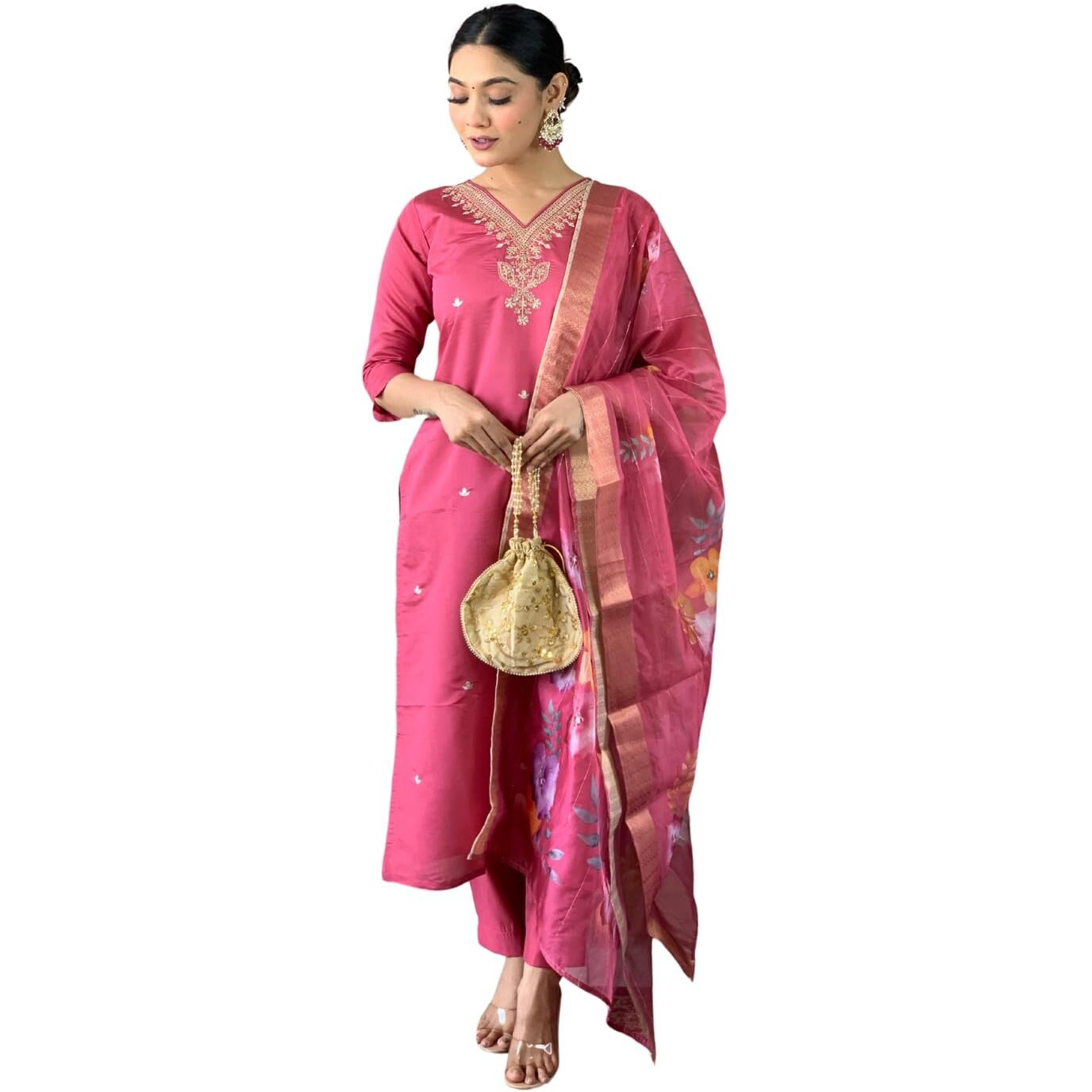 Naixa Women's Gajri Viscose Silk Embroidered Straight Kurta with Viscose Silk Pant and Organza Printed Dupatta Sets (NX-S-Payal-Gajri-M)