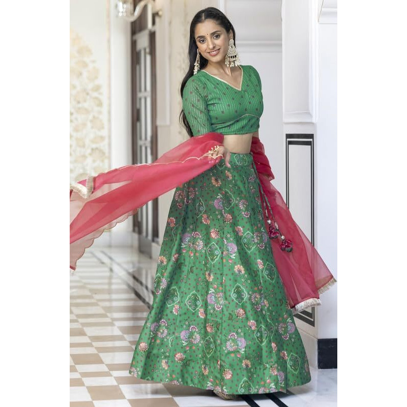 Janasya Women's Green Crepe Silk Digital Floral Printed Lehenga Choli With Dupatta(SET814-LCD-XS)