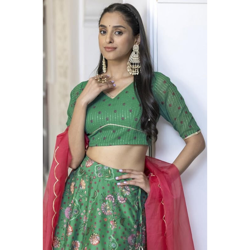 Janasya Women's Green Crepe Silk Digital Floral Printed Lehenga Choli With Dupatta(SET814-LCD-XS)