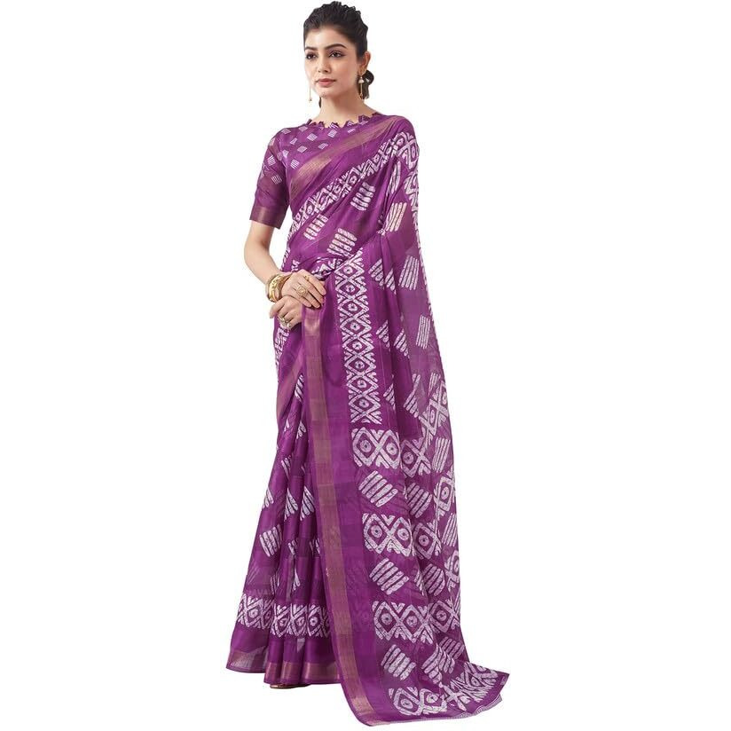 SAMAH Women's Cotton Blend Saree (3466S1108N_Purple & White)