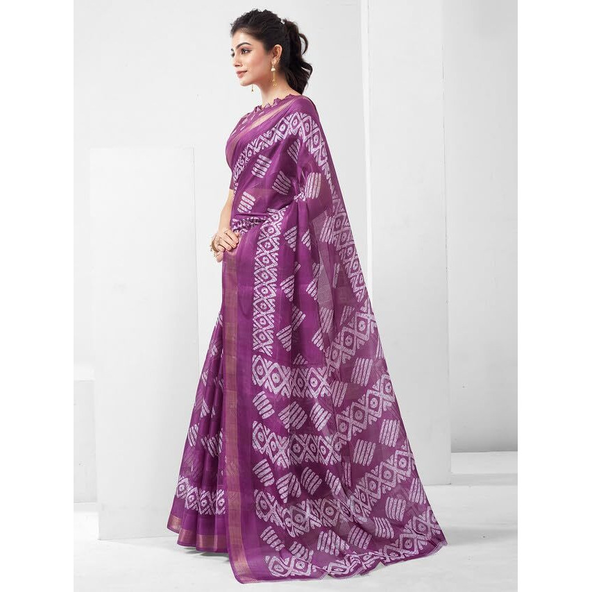 SAMAH Women's Cotton Blend Saree (3466S1108N_Purple & White)