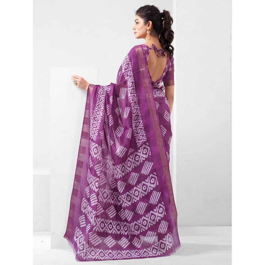 SAMAH Women's Cotton Blend Saree (3466S1108N_Purple & White)