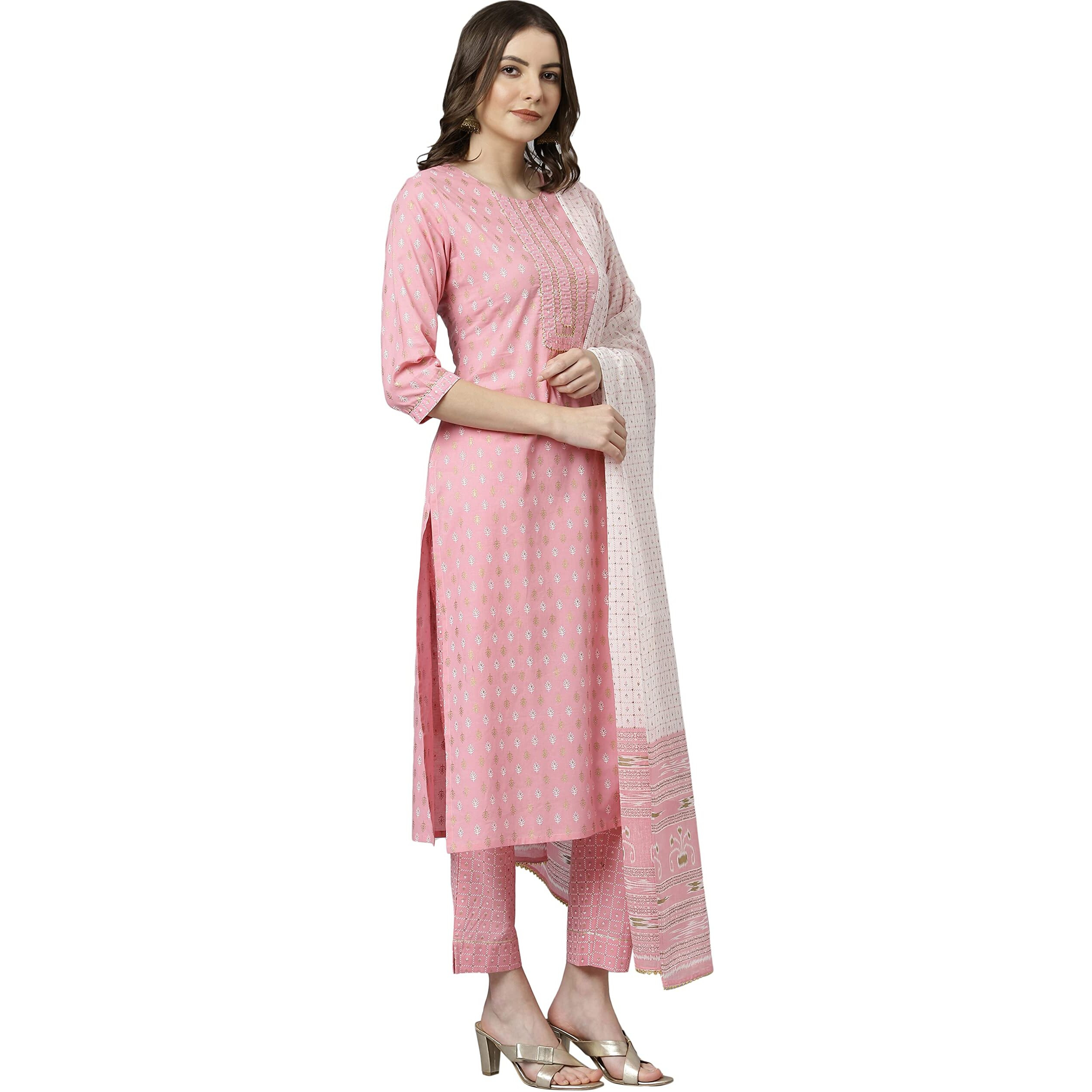 Janasya Women's Light Pink Cotton Kurta with Pant and Dupatta (SET369-KR-NP-XXL)