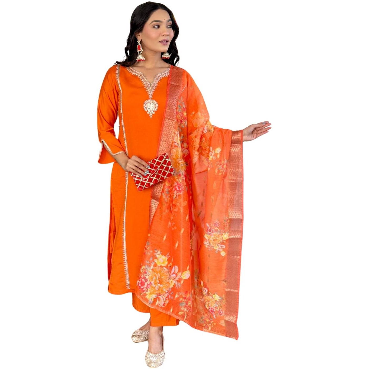 Naixa Women's Orange Chanderi Viscose with Full Inner Embroidered Straight Kurta with Chanderi Viscose with Full Inner Pant and Jacquard Silk Jacquard Dupatta Sets (NX-611-Orange-XXL)