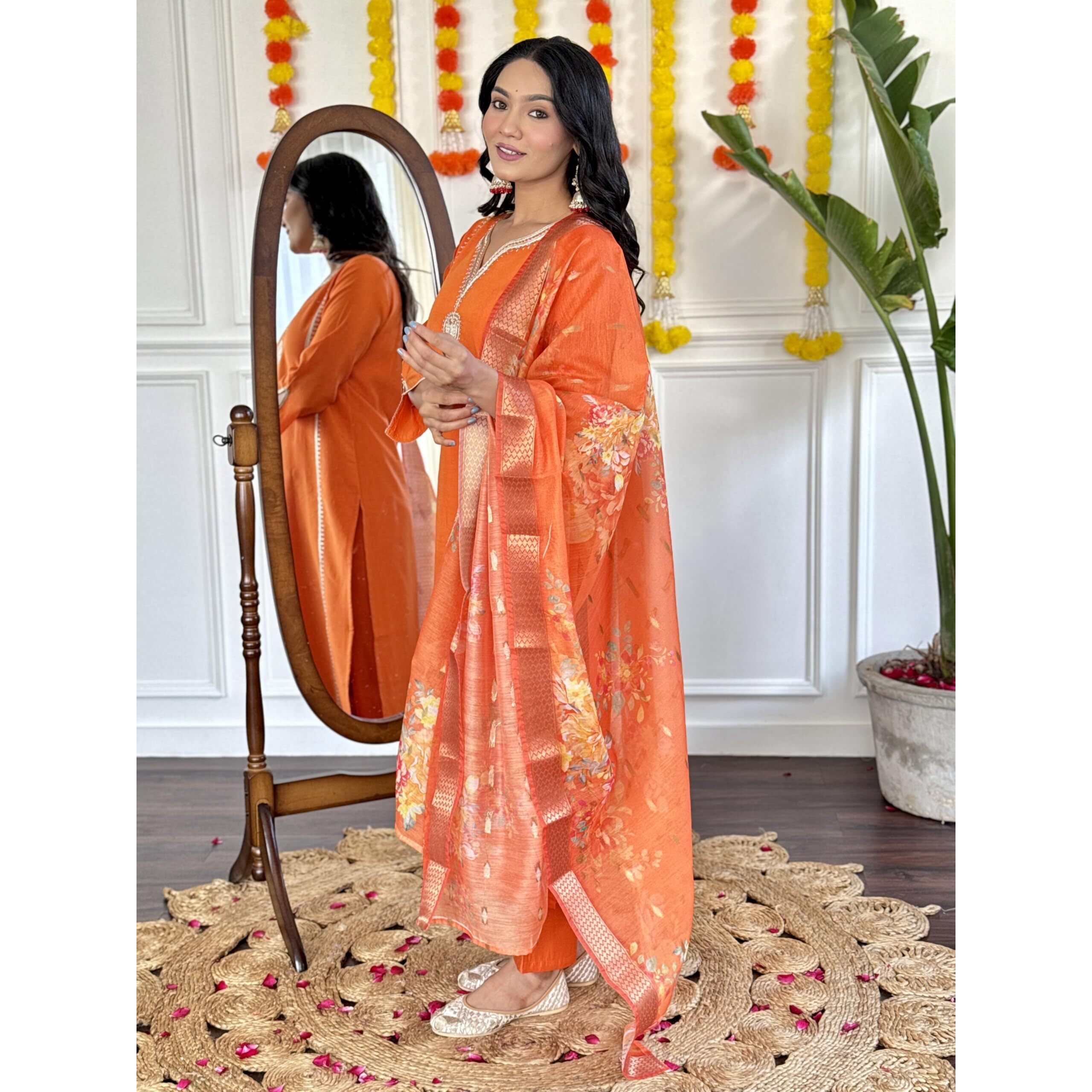 Naixa Women's Orange Chanderi Viscose with Full Inner Embroidered Straight Kurta with Chanderi Viscose with Full Inner Pant and Jacquard Silk Jacquard Dupatta Sets (NX-611-Orange-XXL)