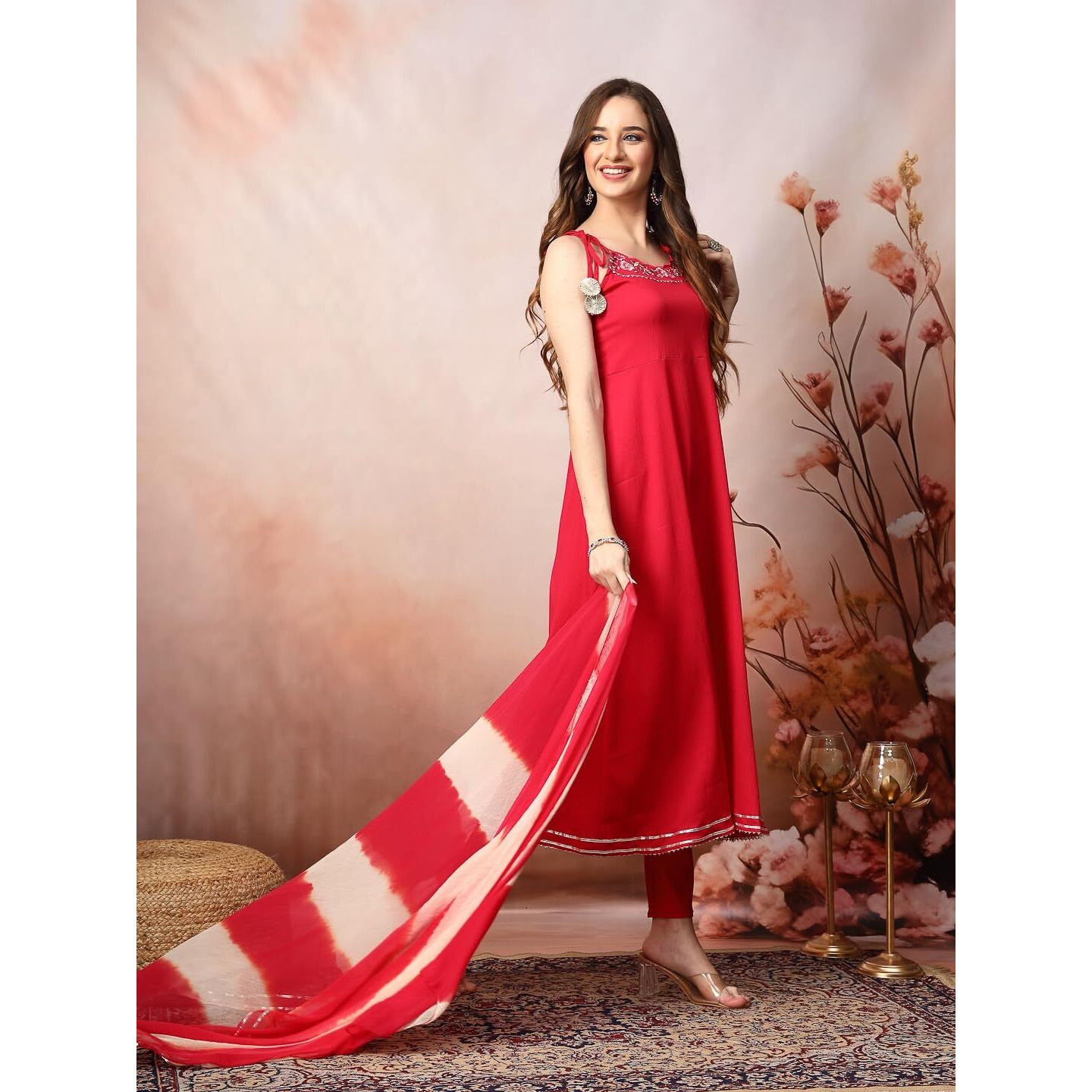 Stylum Women's Solid & Embroidered Poly Crepe A-Line Kurta Dupatta Set (KDRANIHASSAL36_Pink, S)
