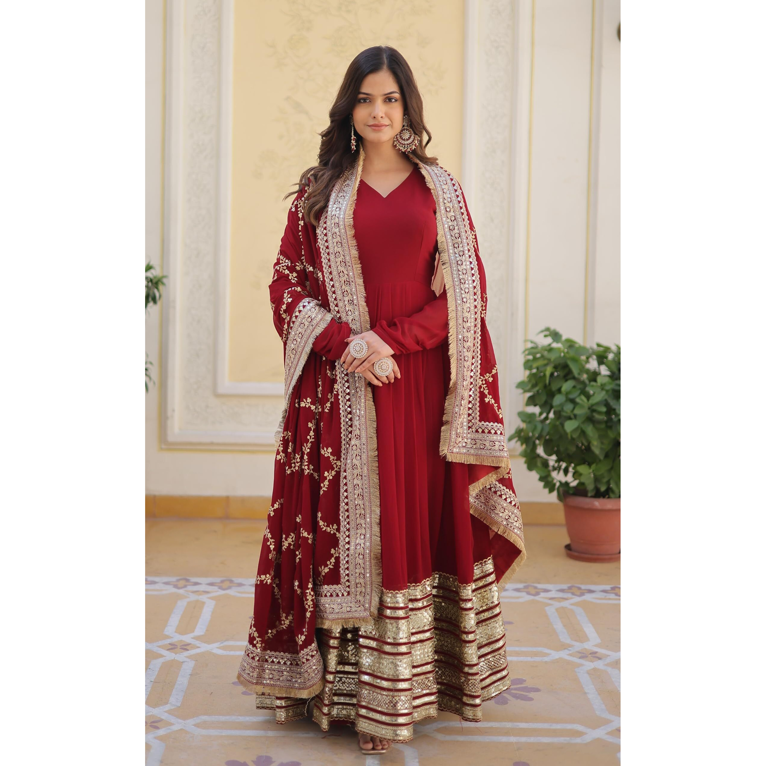 Wedani Georgette Maroon Anarkali Kurta Sett For women (IN, Alpha, XL, Regular, MAROON)