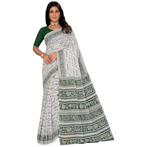 Tamaira Fashion Women's Plain Cotton Saree (2536_White&SageGreen