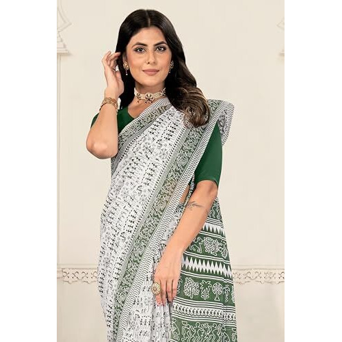 Tamaira Fashion Women's Plain Cotton Saree (2536_White&SageGreen
