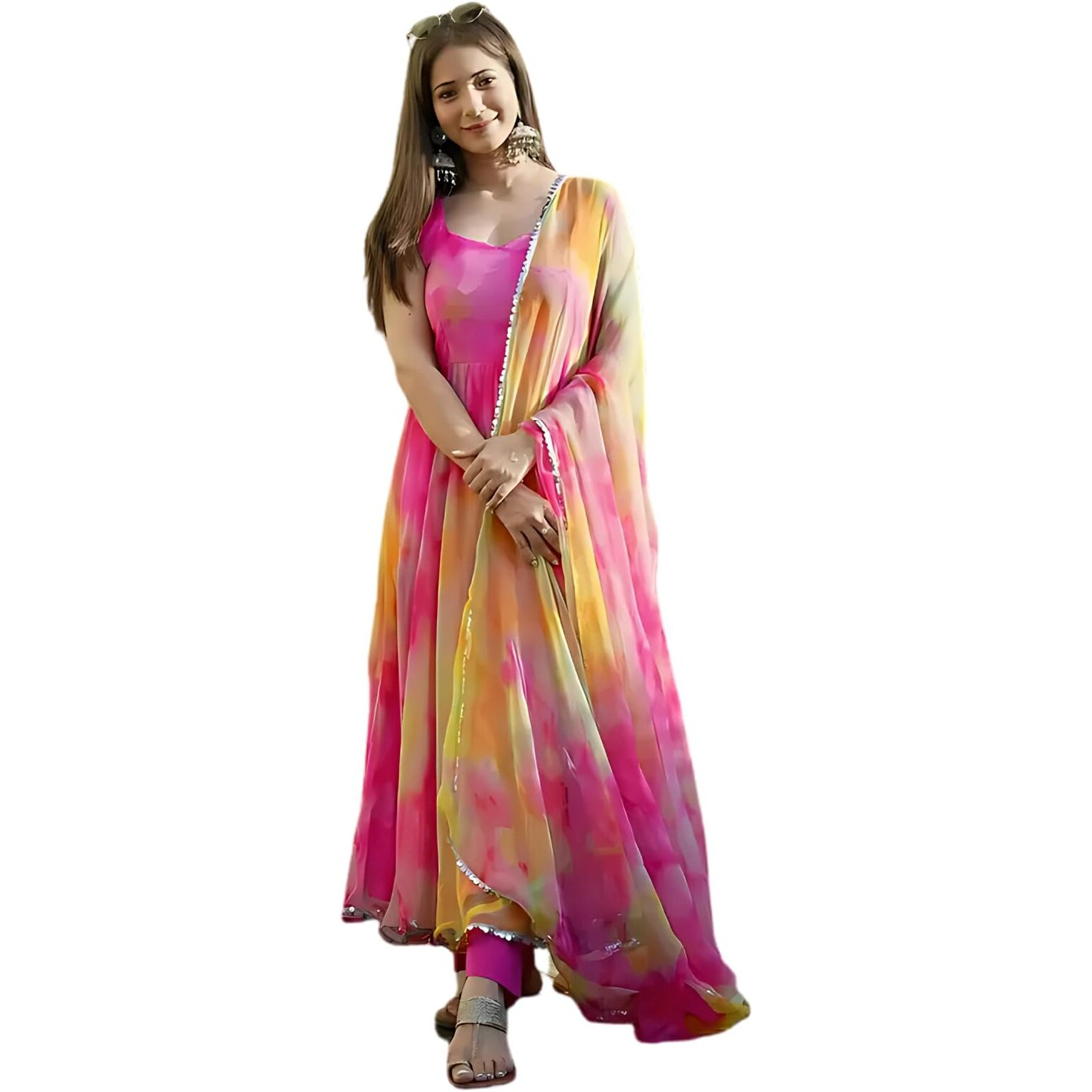 Anveri Textiles Women's Pink Georgette Sleeveless V Neck Printed Fit-Flared Kurta with Dupatta | Wedding Sleeveless Gown Dresses (173_Priya_Pink_2XL)
