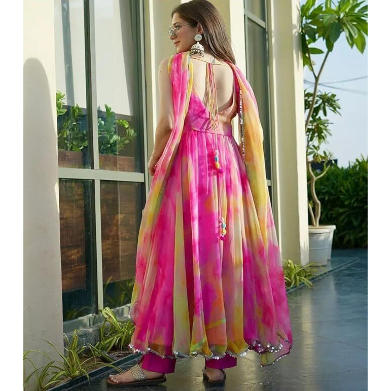 Anveri Textiles Women's Pink Georgette Sleeveless V Neck Printed Fit-Flared Kurta with Dupatta | Wedding Sleeveless Gown Dresses (173_Priya_Pink_2XL)