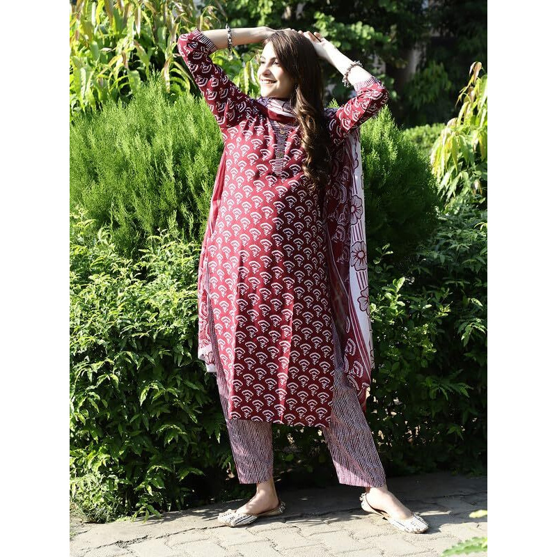 Pinkmint Salwar Suit For Women Cotton Flower Printed Kurta & Straight Pant With Dupatta