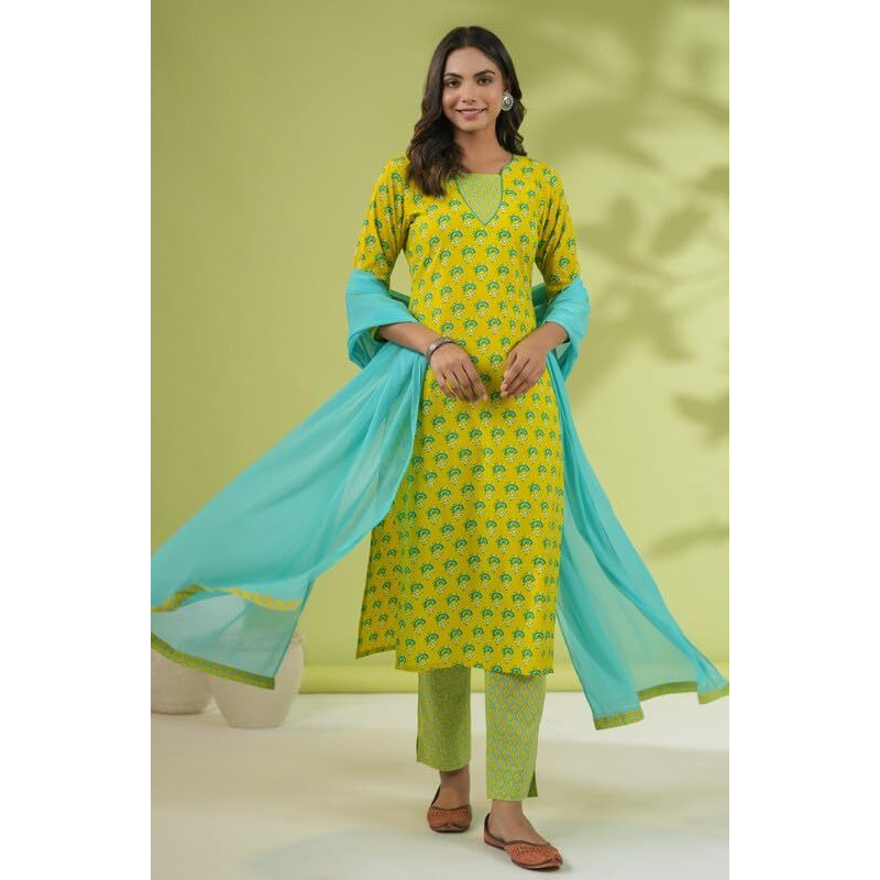 Janasya Women's Yellow Cotton Ethnic Motifs Regular Kurta Set(SET905-KR-NP-S)