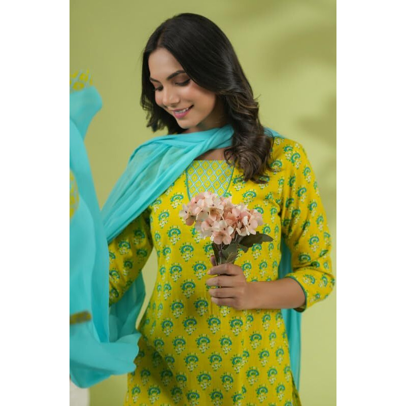 Janasya Women's Yellow Cotton Ethnic Motifs Regular Kurta Set(SET905-KR-NP-S)
