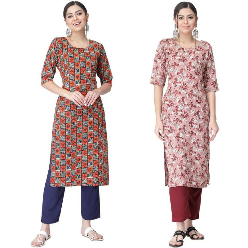 Pinkmint Kurta Set for Women ll Printed Kurti & Pant Set ll Regular Kurta Set ll (Pack of 2) Orange-Pink