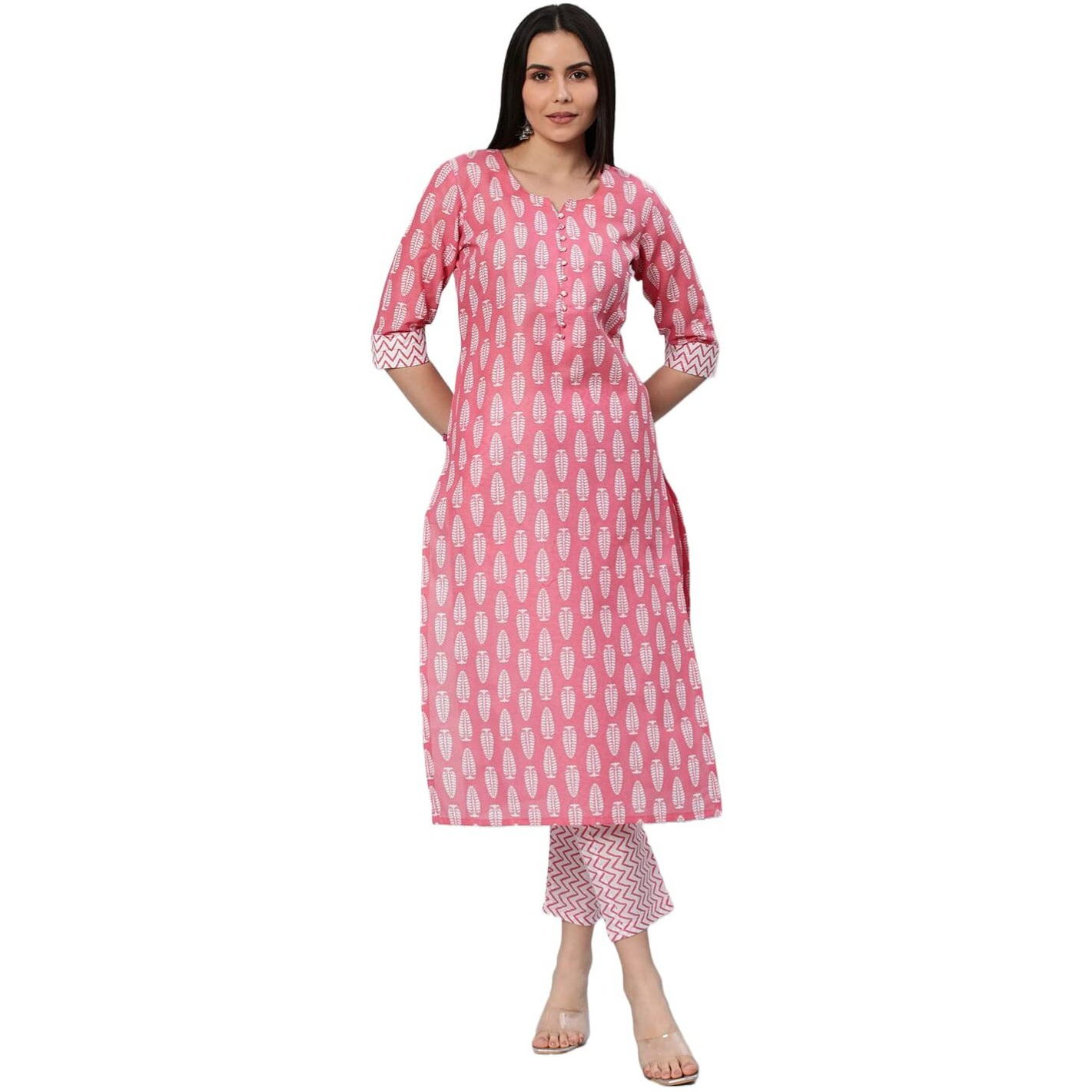 ANNI DESIGNER Women's Cotton Blend Traditional Straight Printed Kurta and Pant Set (Danapa Pink_S_Pink_Small)