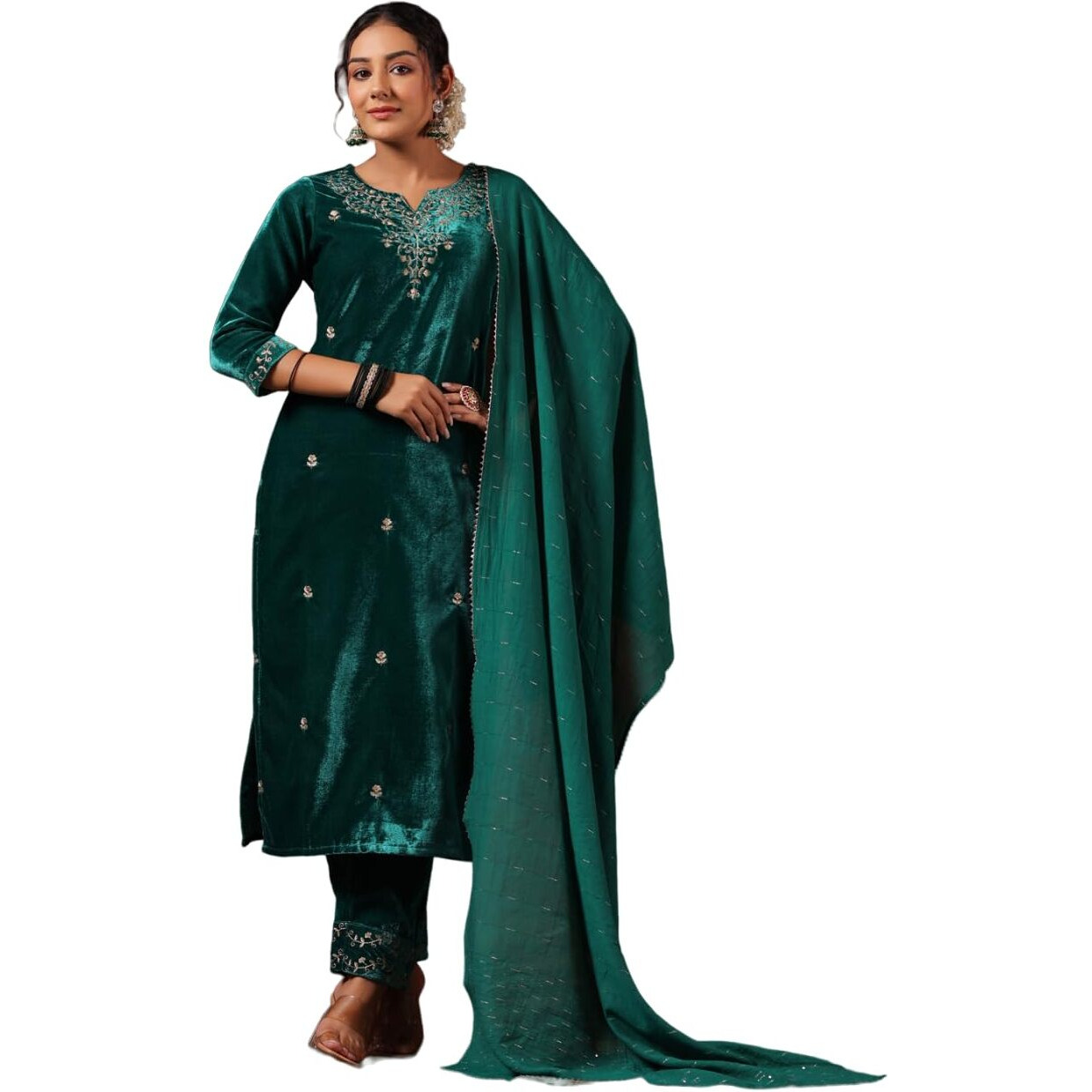 ishin Women's Velvet Ethnic Motifs Zari Teal Straight Kurta Suit Set with Trousers and Dupatta