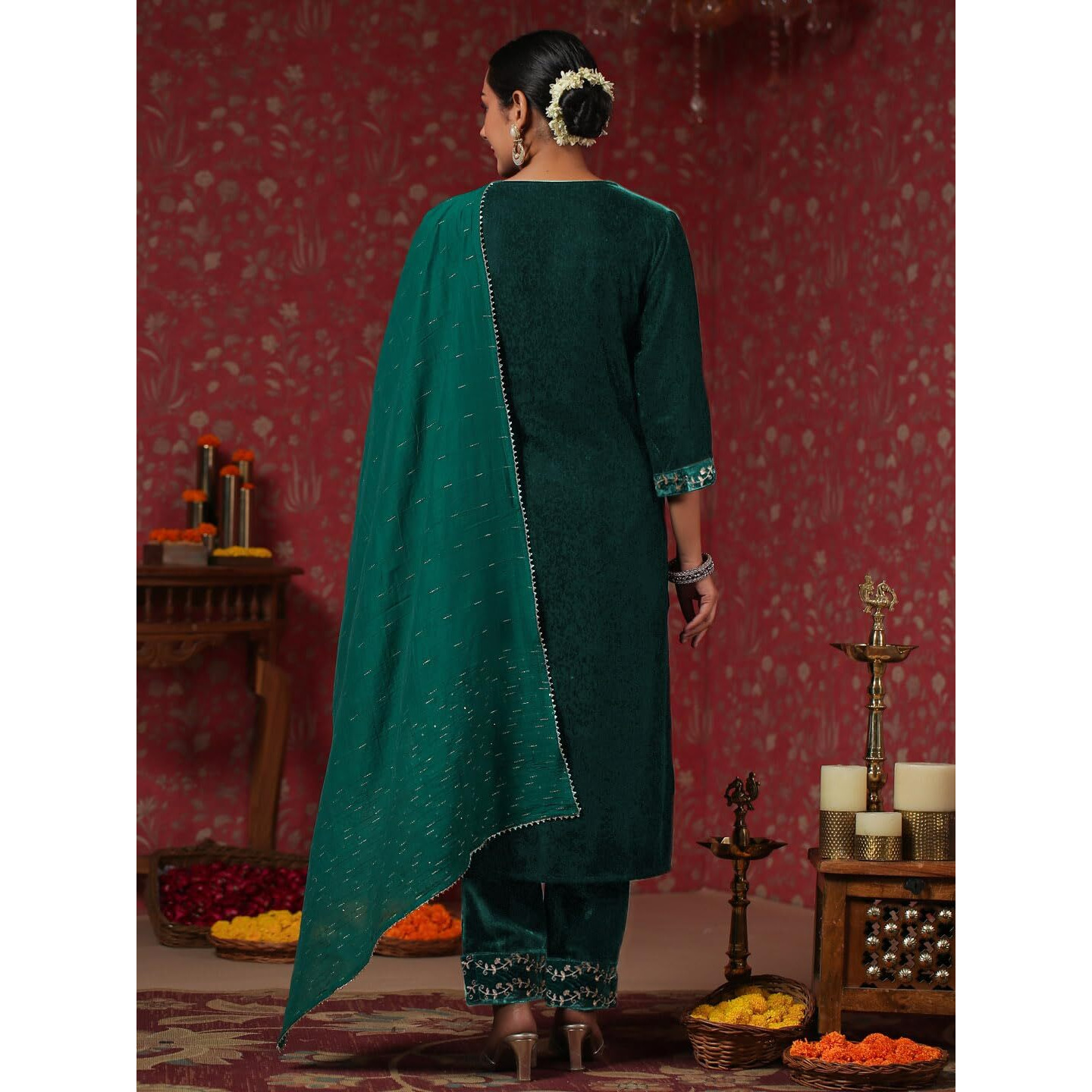 ishin Women's Velvet Ethnic Motifs Zari Teal Straight Kurta Suit Set with Trousers and Dupatta