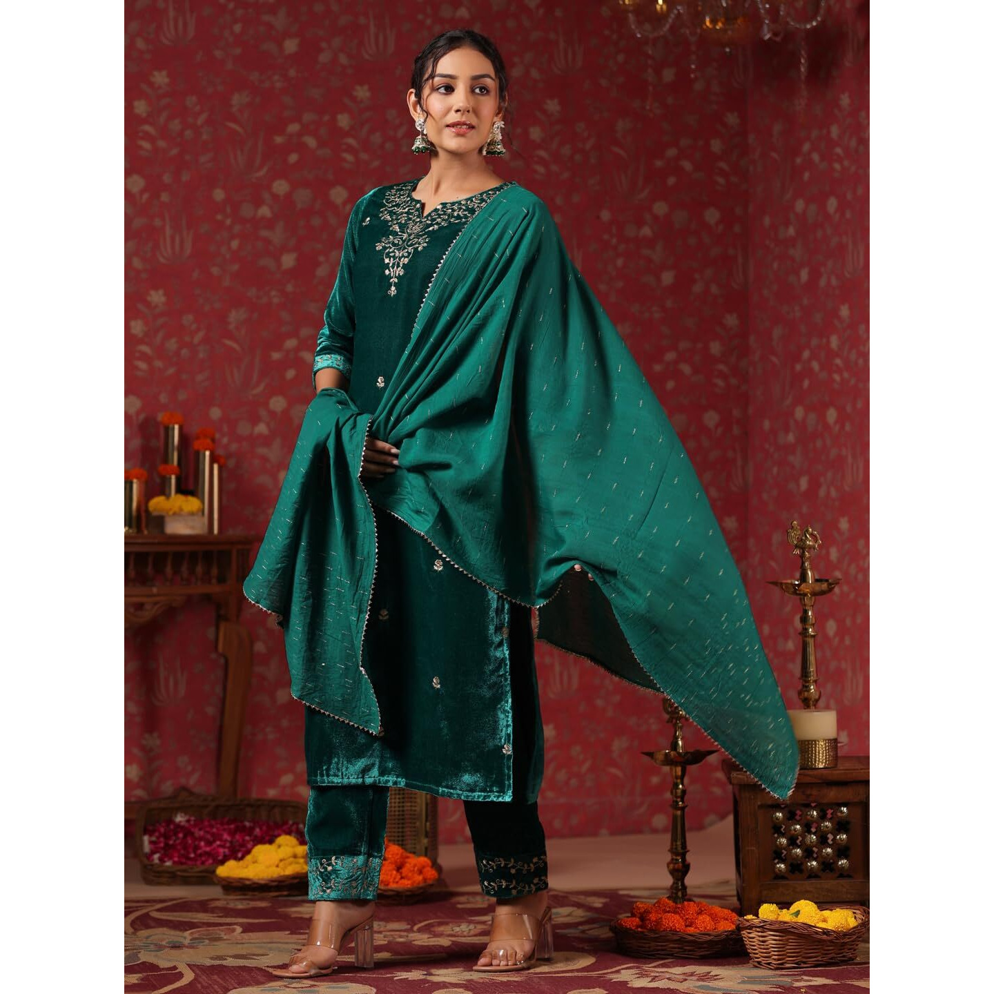 ishin Women's Velvet Ethnic Motifs Zari Teal Straight Kurta Suit Set with Trousers and Dupatta