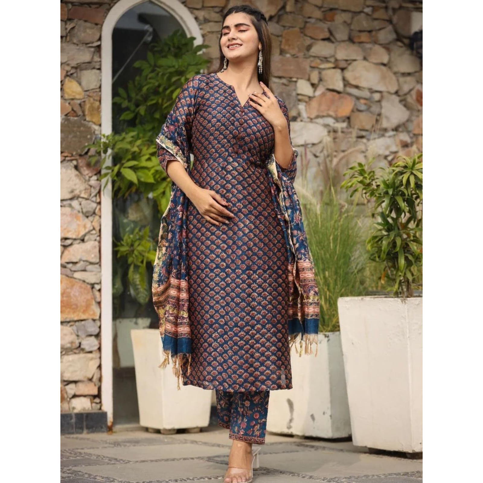 DHRUVI TRENDZ Women Cotton Blend Fancy Kurta Set Regular Fit Printed (DT-K2706&P128_Blue_S)