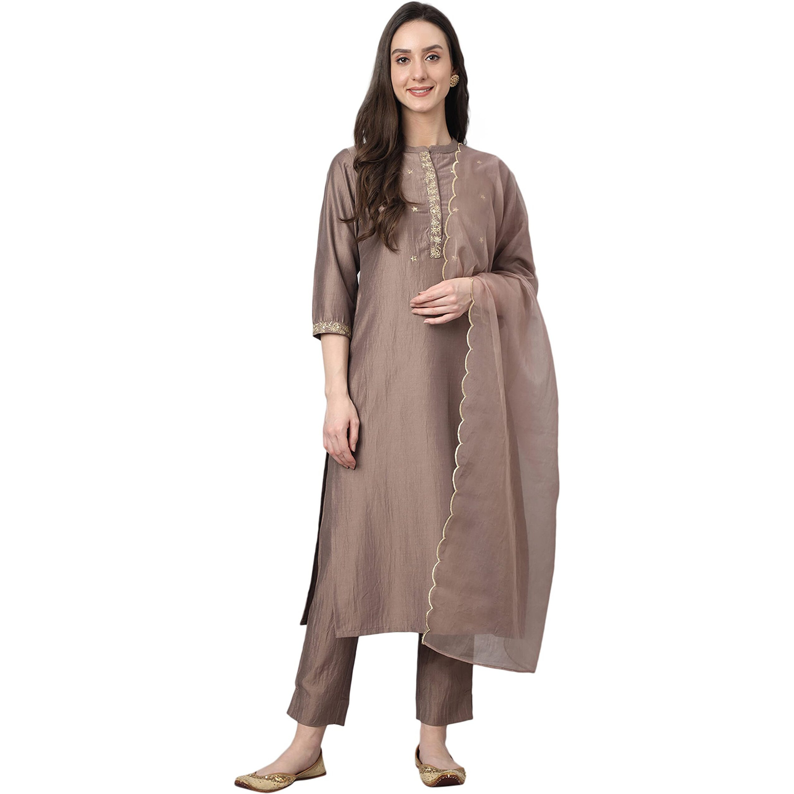 Janasya Women's Brown Chinon Solid Kurta with Pant and Dupatta(SET565-KR-NP-XXXL)