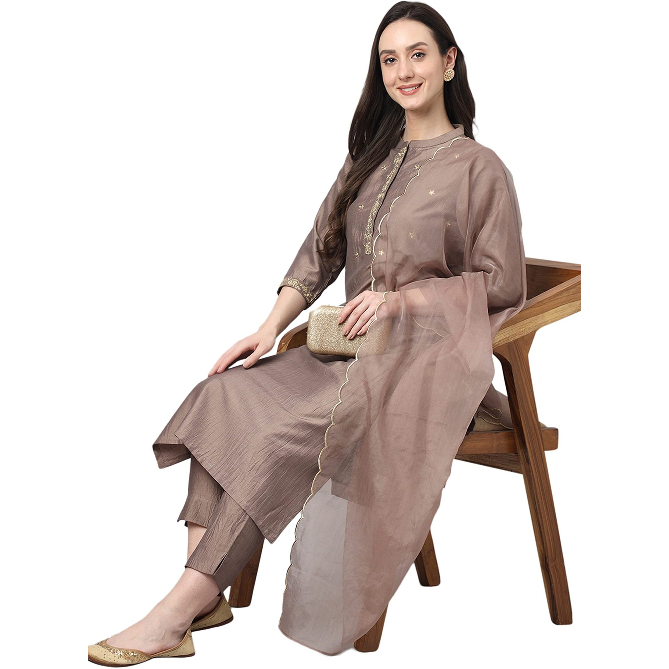 Janasya Women's Brown Chinon Solid Kurta with Pant and Dupatta(SET565-KR-NP-XXXL)