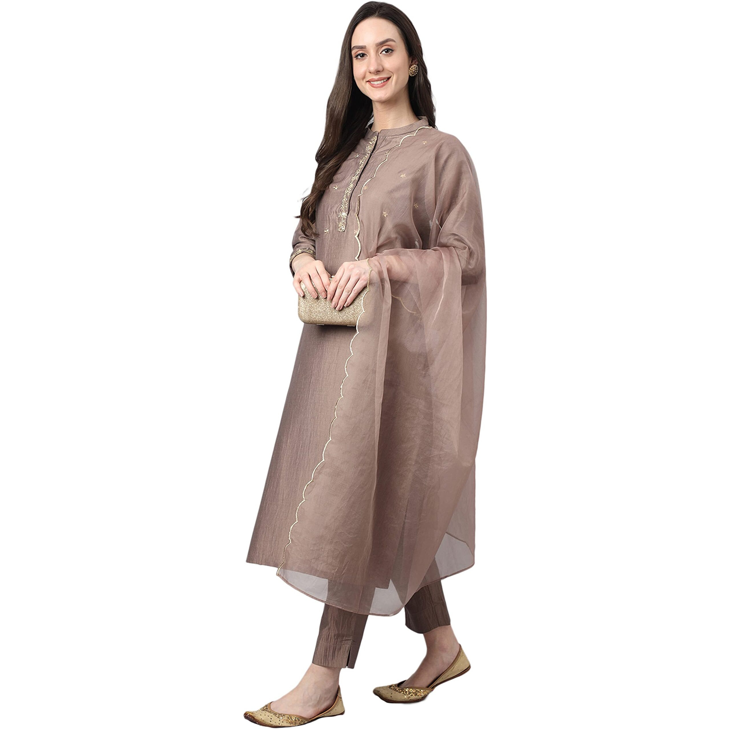 Janasya Women's Brown Chinon Solid Kurta with Pant and Dupatta(SET565-KR-NP-XXXL)