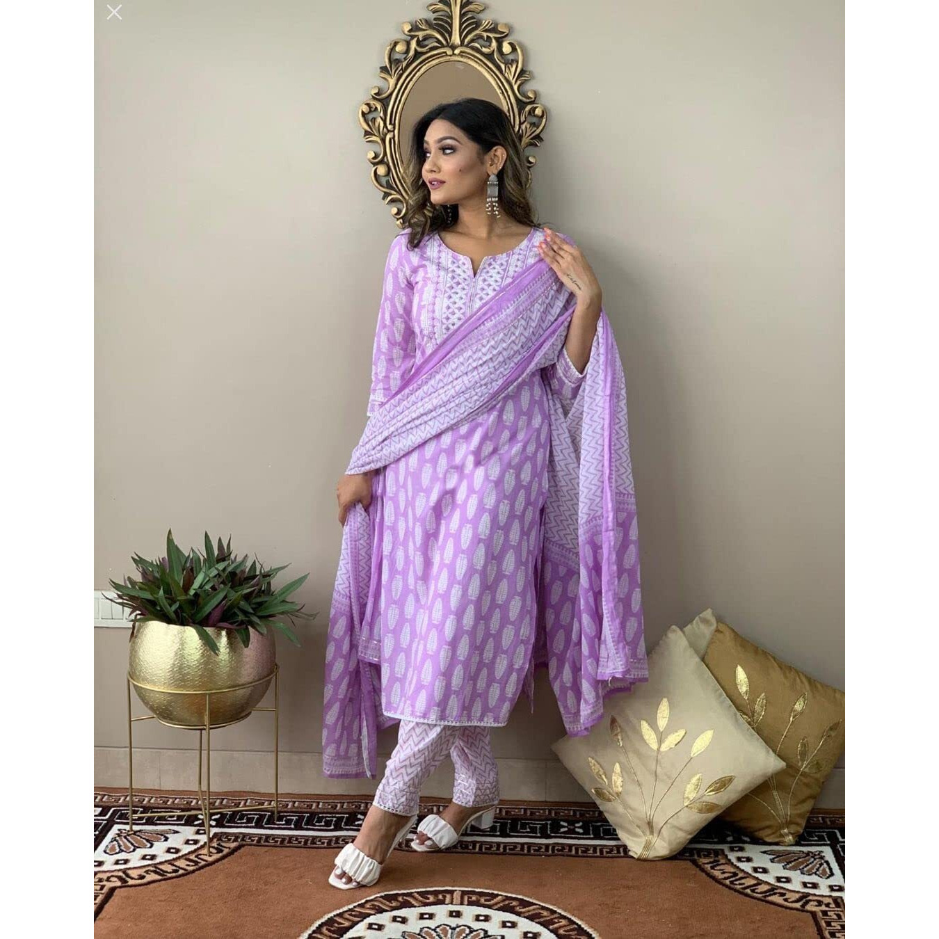 GoSriKi Women's Cotton Blend Straight Printed Kurta with Pant & Dupatta (Baiyaan Purple_M-GS_Purple_Medium)
