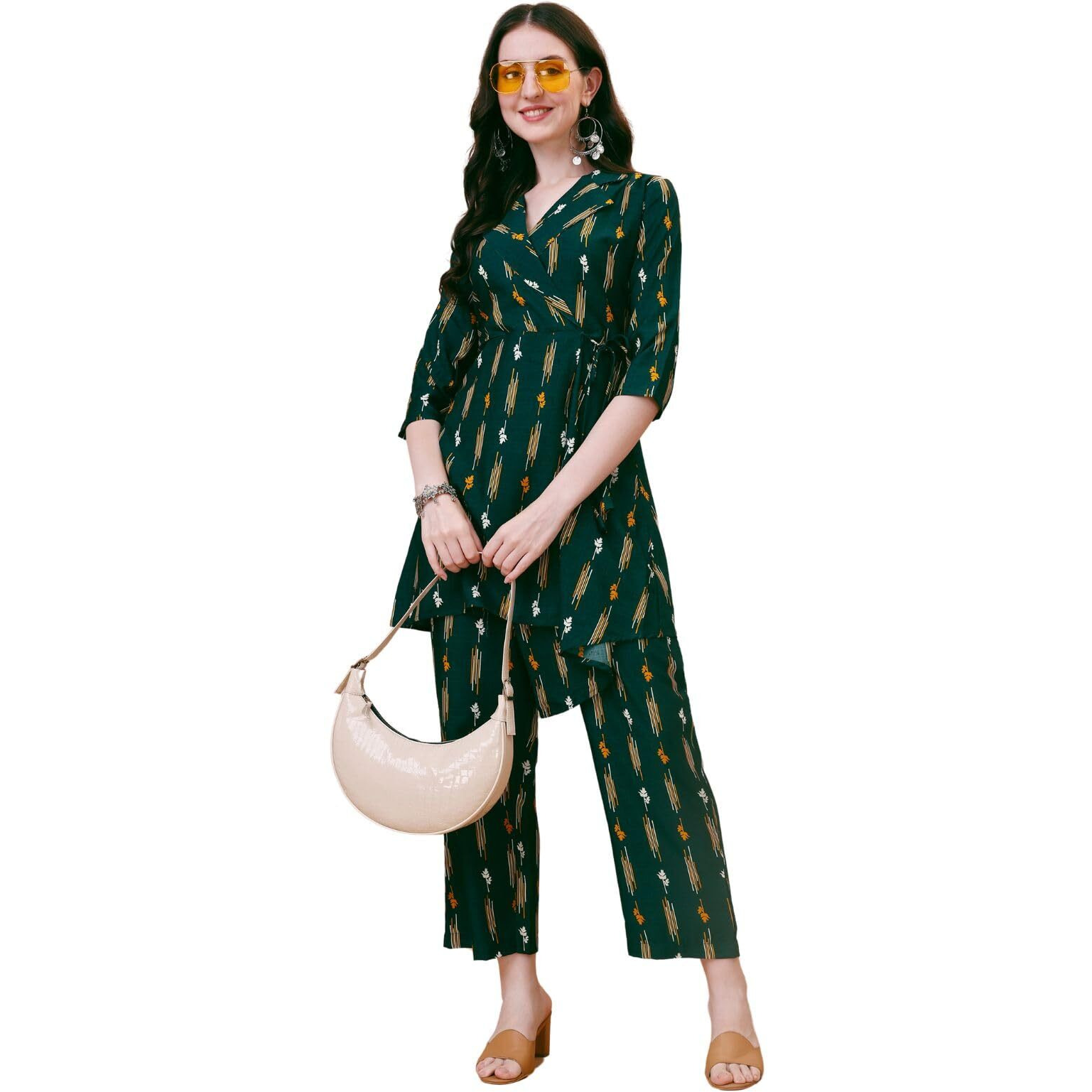 Adina Claim Comfort Womens Green Printed Kurta and Pant Set with Wrap Around Aline Pattern - Casual Coord Set for Women - M