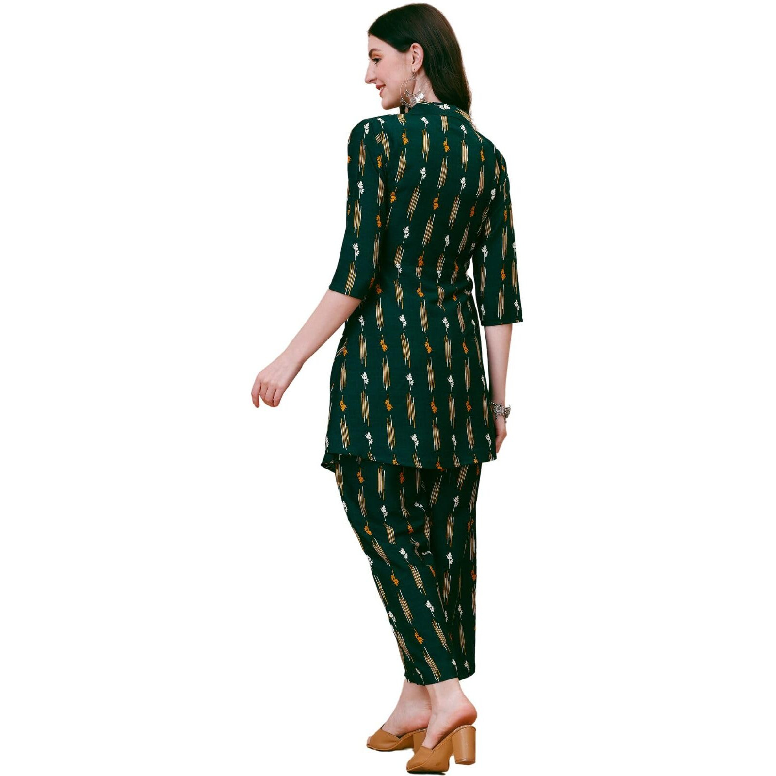 Adina Claim Comfort Womens Green Printed Kurta and Pant Set with Wrap Around Aline Pattern - Casual Coord Set for Women - M