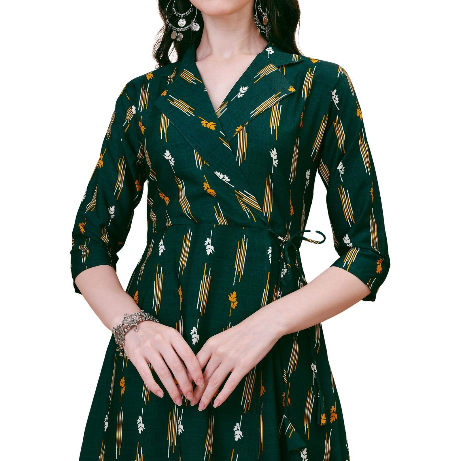 Adina Claim Comfort Womens Green Printed Kurta and Pant Set with Wrap Around Aline Pattern - Casual Coord Set for Women - M