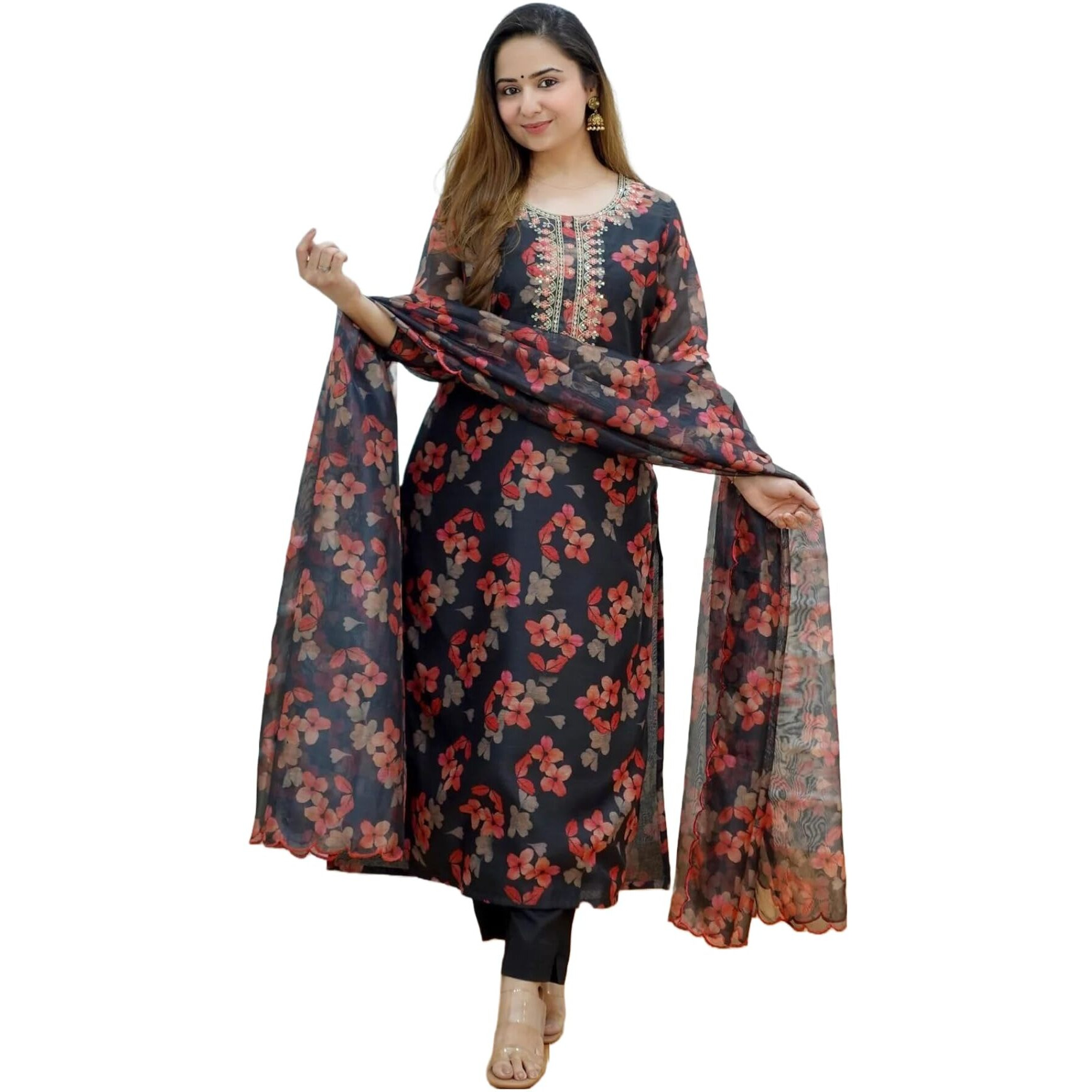 GoSriKi Women's Cotton Blend Printed Straight Kurta with Pant & Dupatta (Muni Navy Blue-GS_S_Navy Blue_Small)