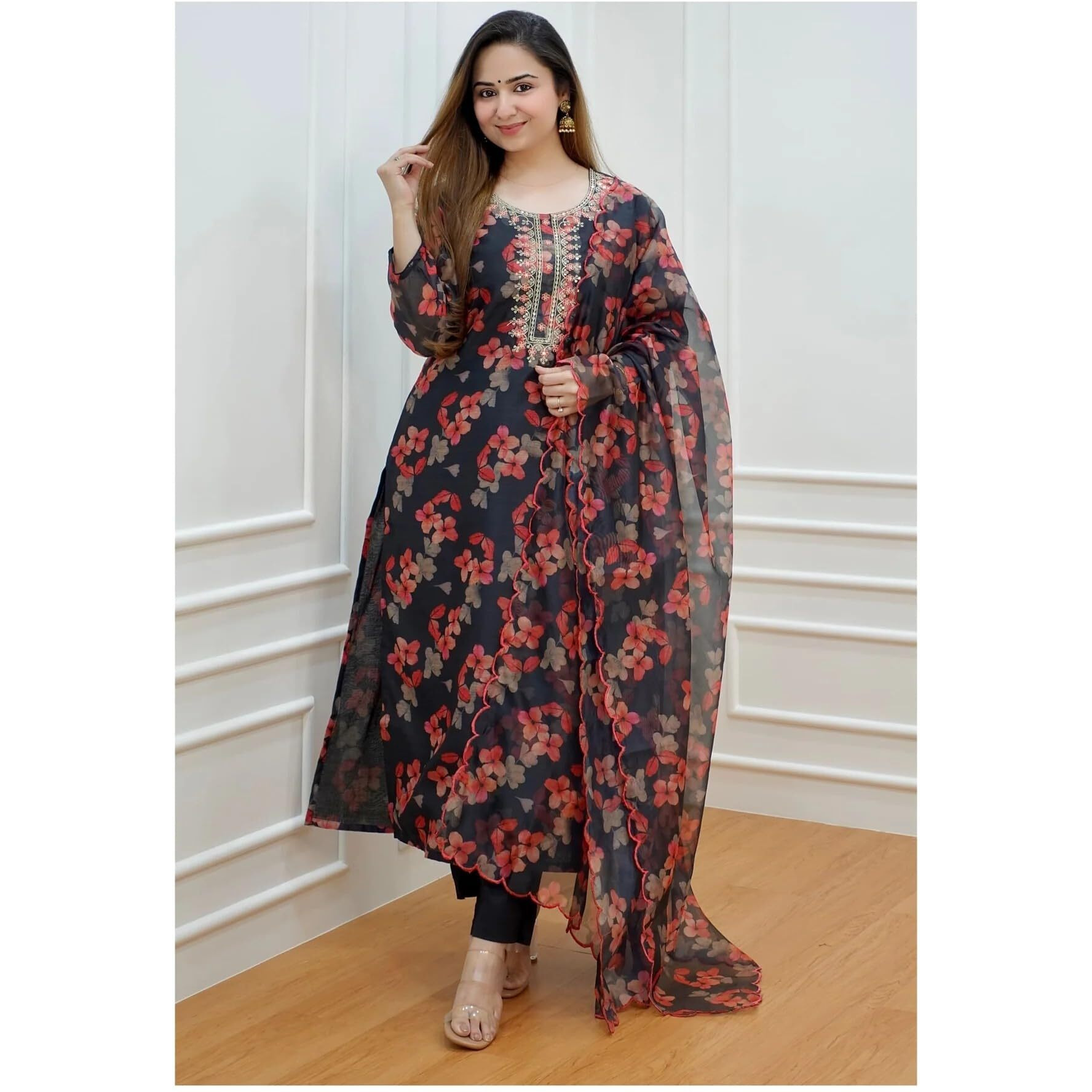 GoSriKi Women's Cotton Blend Printed Straight Kurta with Pant & Dupatta (Muni Navy Blue-GS_S_Navy Blue_Small)