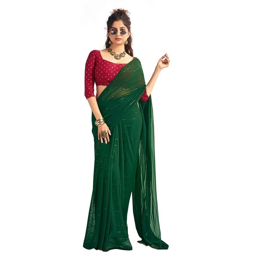 Satrani Women's Georgette Sequence Work & Piping Border Saree with Unstitched Blouse Piece (3475S704N_Dark Green)