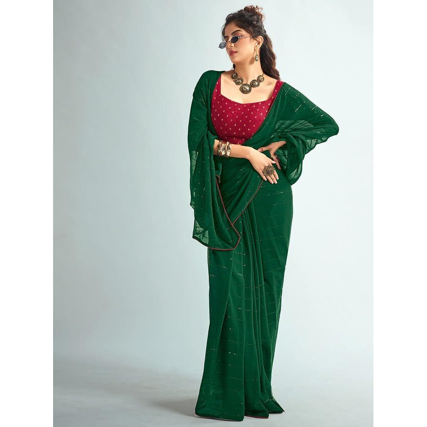Satrani Women's Georgette Sequence Work & Piping Border Saree with Unstitched Blouse Piece (3475S704N_Dark Green)