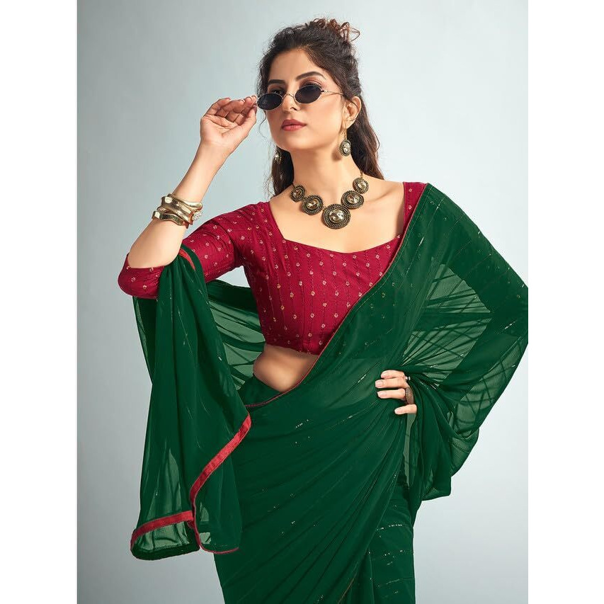 Satrani Women's Georgette Sequence Work & Piping Border Saree with Unstitched Blouse Piece (3475S704N_Dark Green)