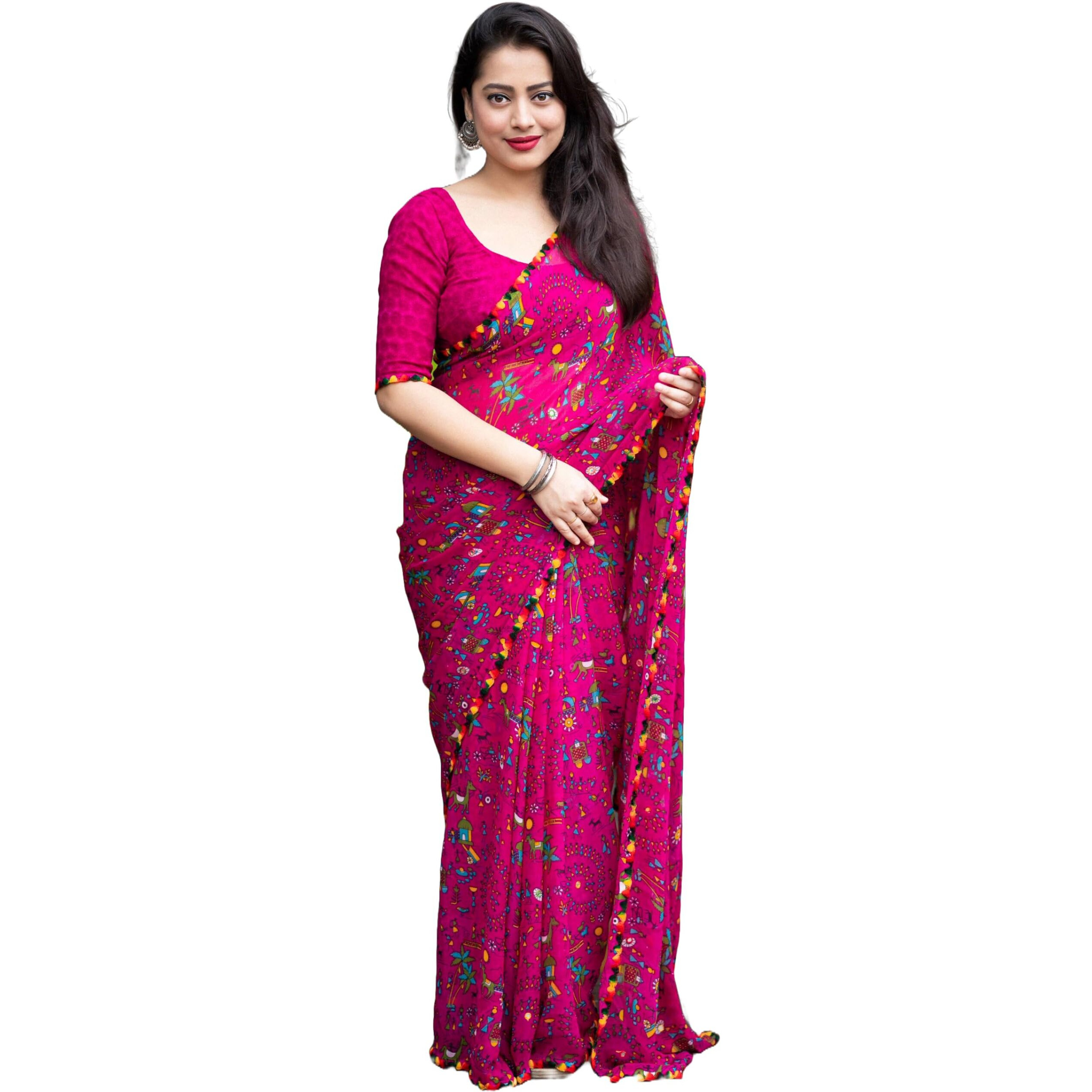 Panzora Woman's Georgette Printed Saree With Unstitched Blouse Piece