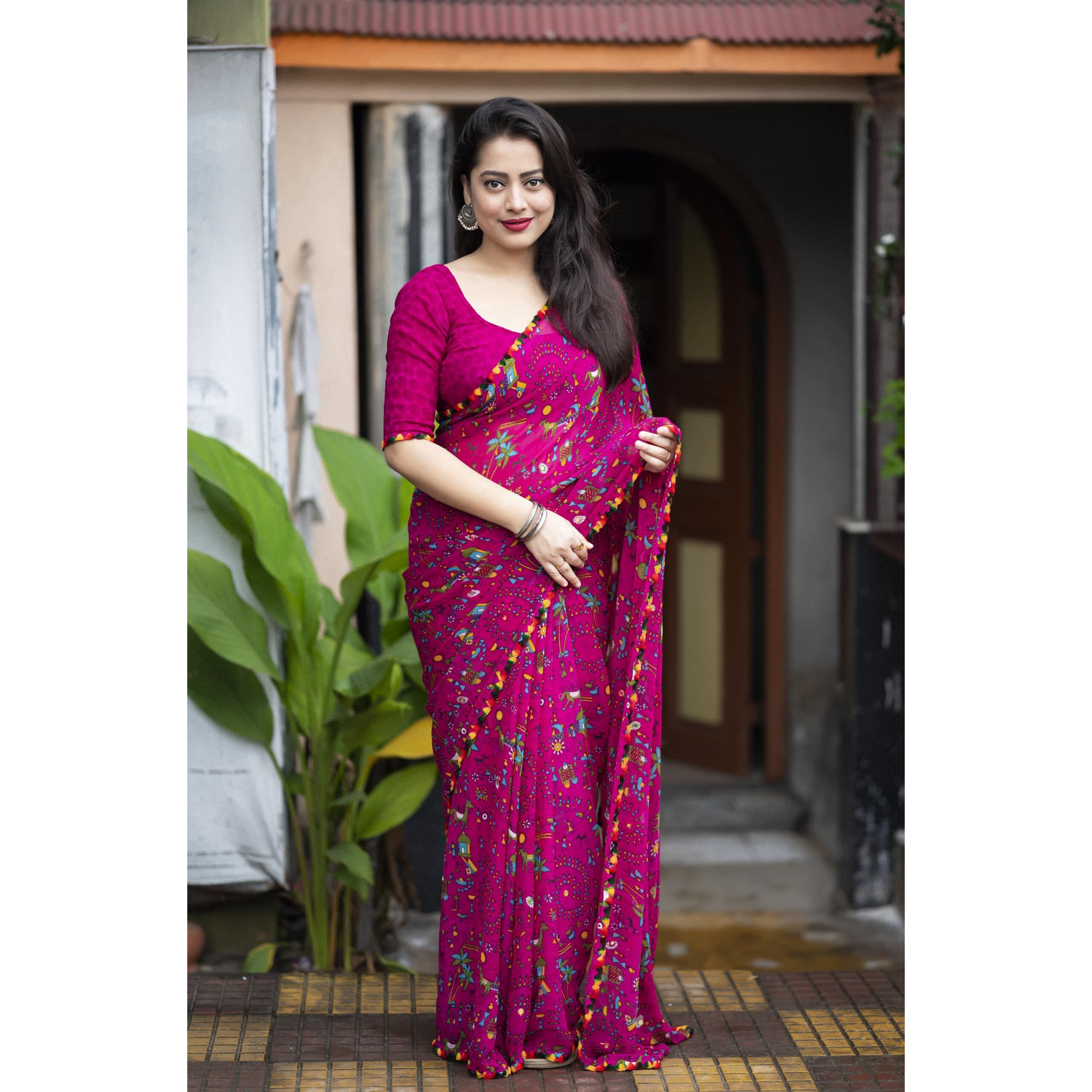 Panzora Woman's Georgette Printed Saree With Unstitched Blouse Piece