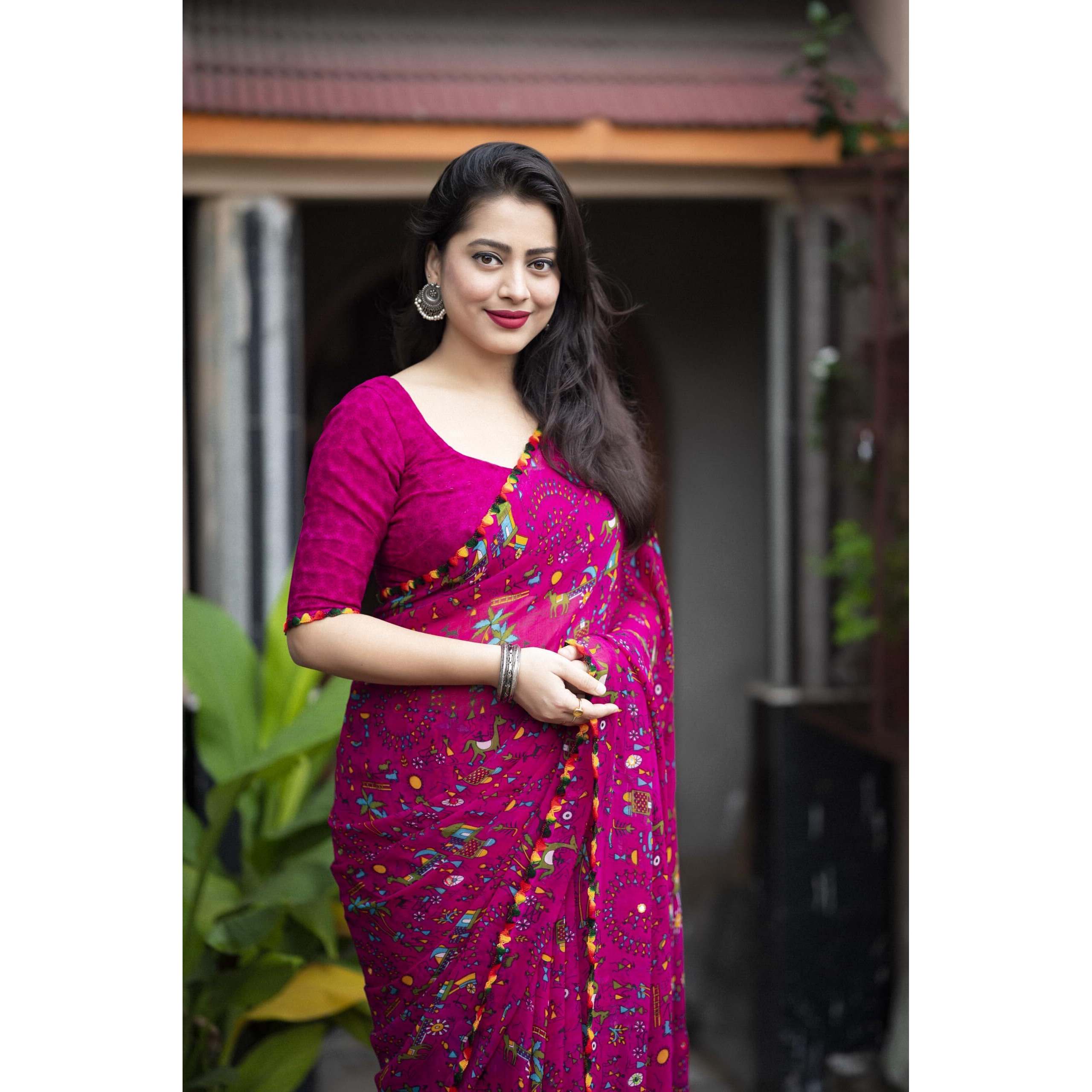 Panzora Woman's Georgette Printed Saree With Unstitched Blouse Piece