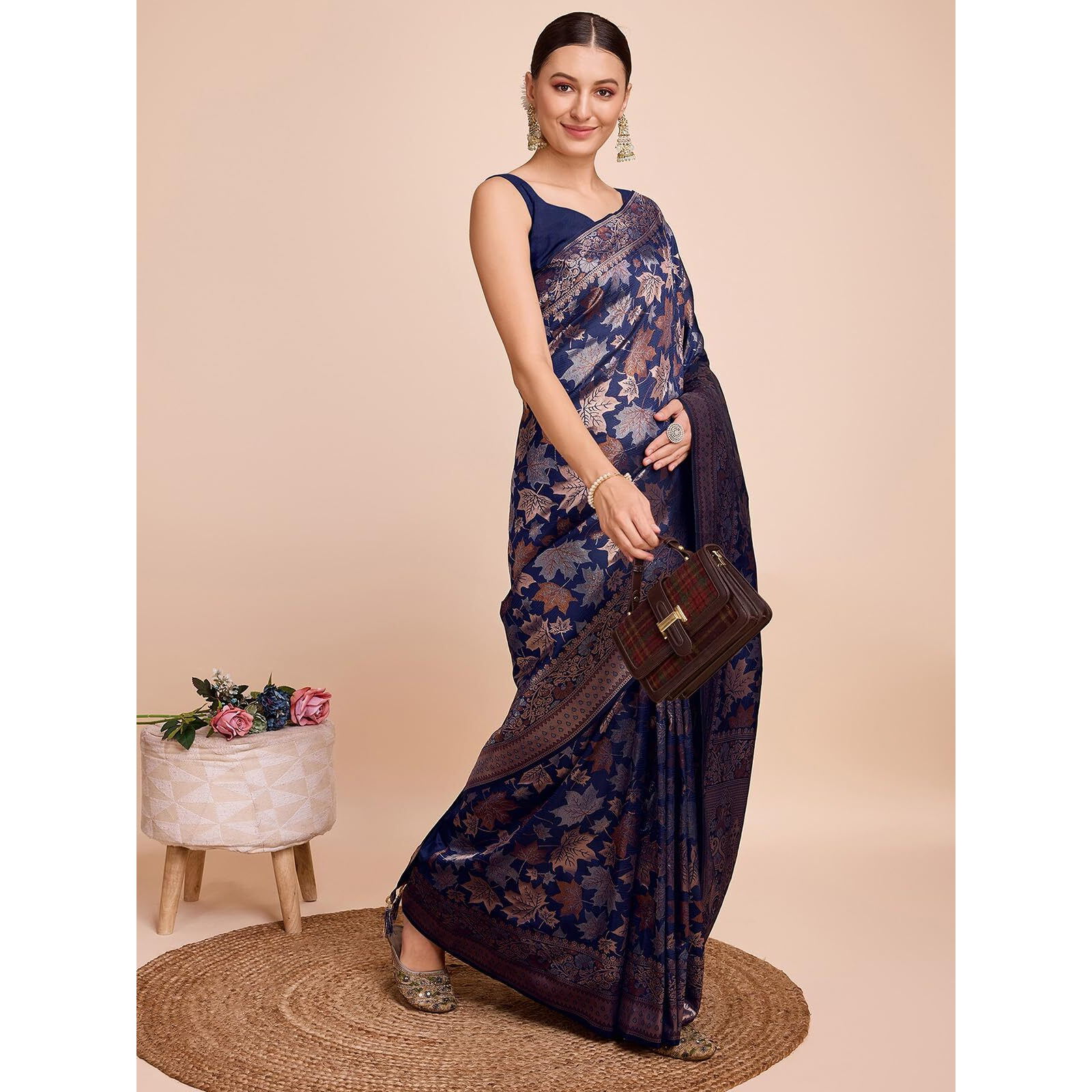 Satrani Women's Silk Banarasi Jacquard Saree with Unstitched Blouse Piece (3857S223N_Dark Navy Blue)