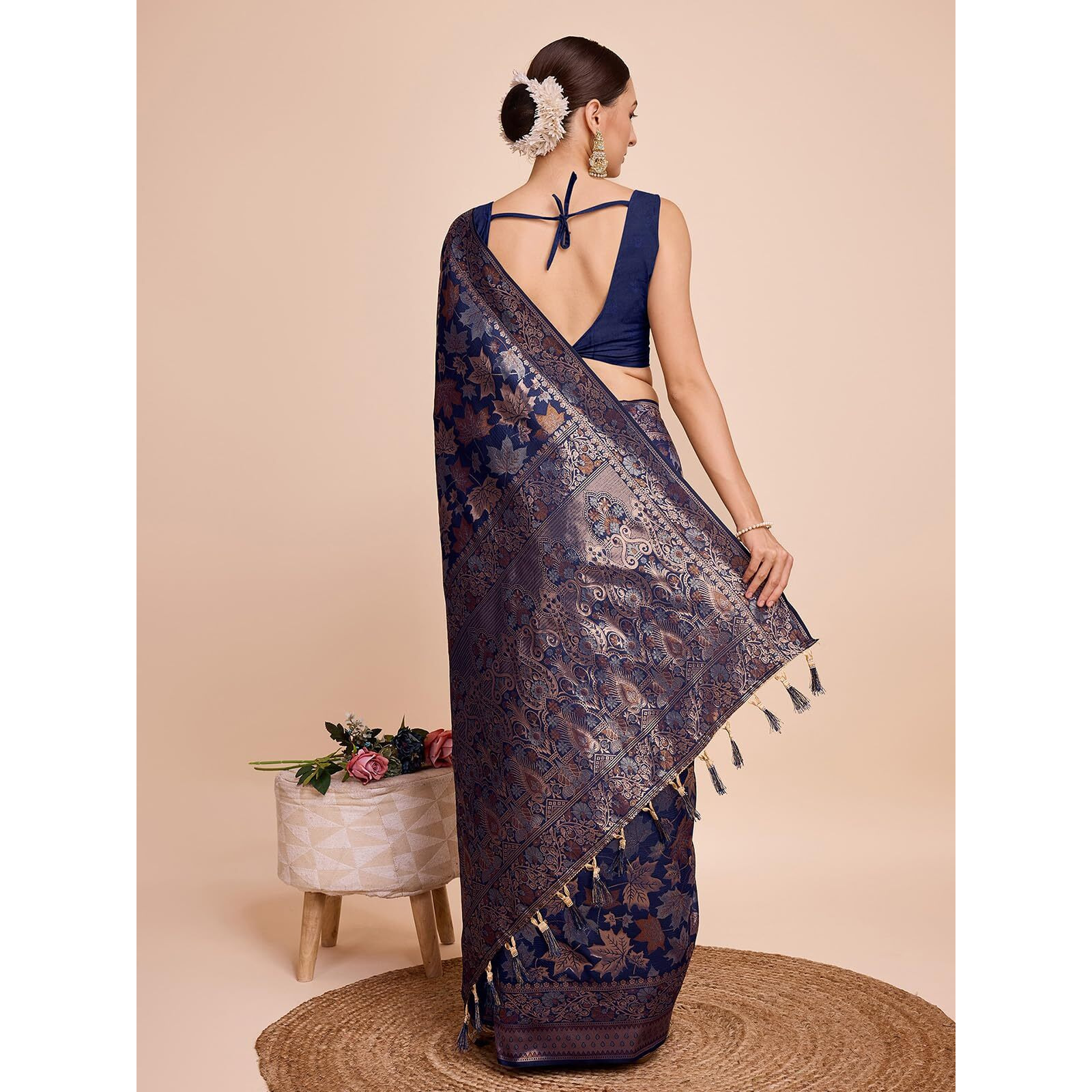 Satrani Women's Silk Banarasi Jacquard Saree with Unstitched Blouse Piece (3857S223N_Dark Navy Blue)