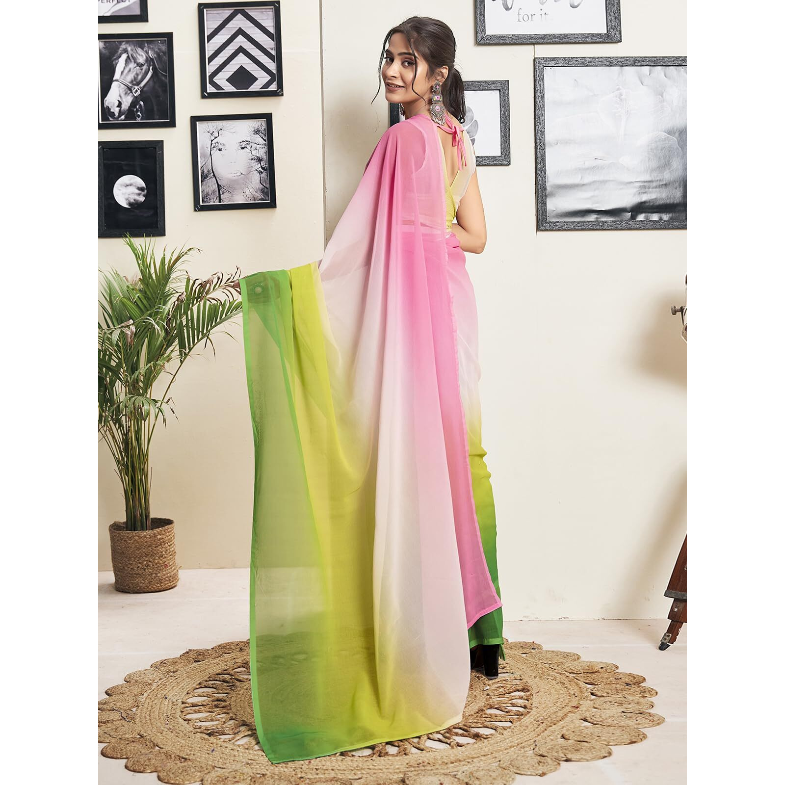 Satrani Women's Georgette Dual Tone Ready To Wear Saree with Unstitched Blouse Piece (18RS153N_Pink & Green)