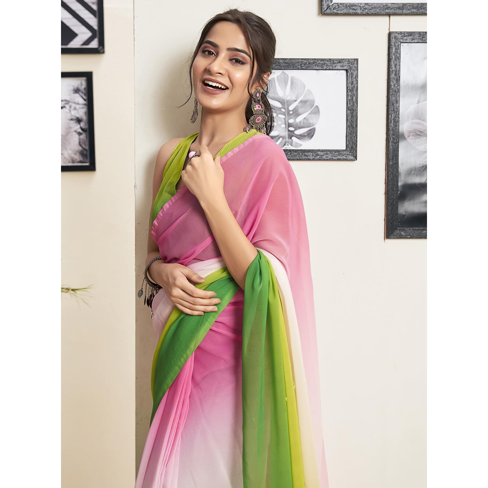 Satrani Women's Georgette Dual Tone Ready To Wear Saree with Unstitched Blouse Piece (18RS153N_Pink & Green)